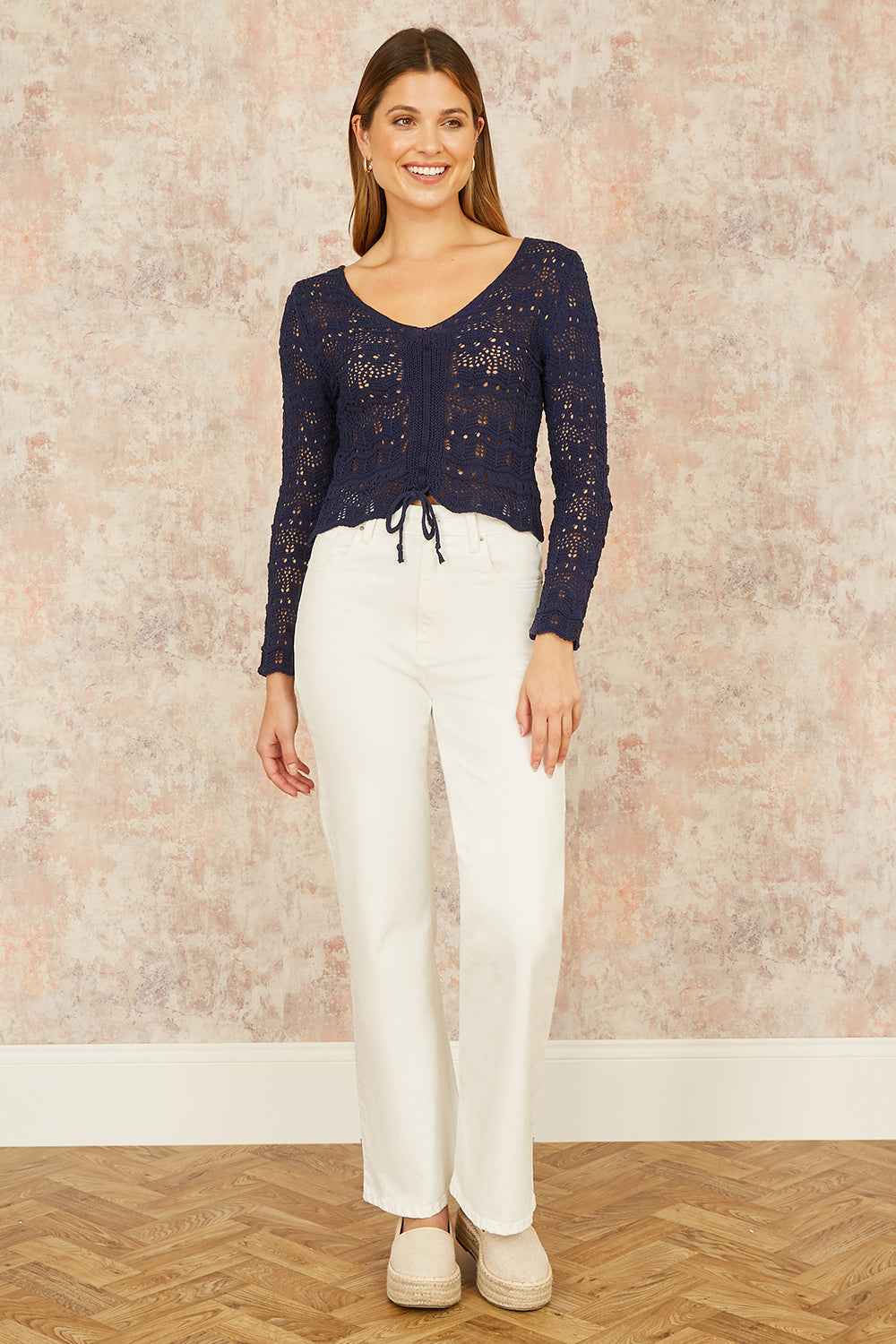 Yumi Navy Crochet Top With Front Ruching