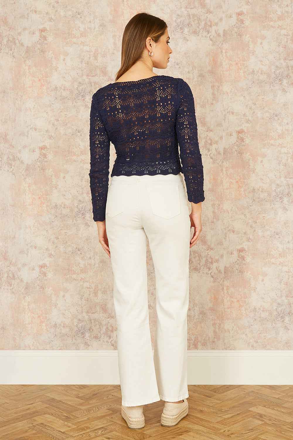 Yumi Navy Crochet Top With Front Ruching
