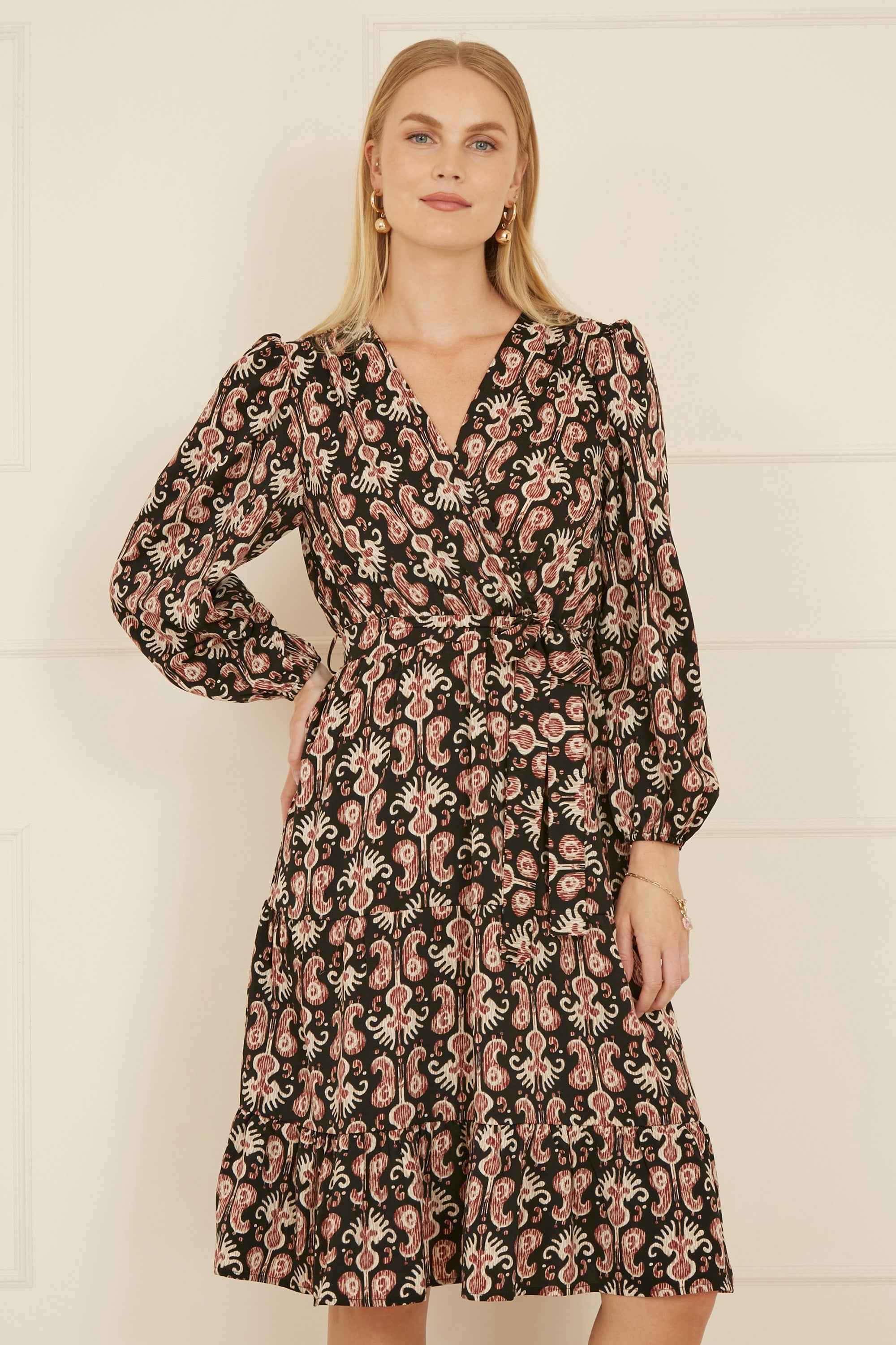 Yumi Black Ikat Long Sleeve Skater Dress