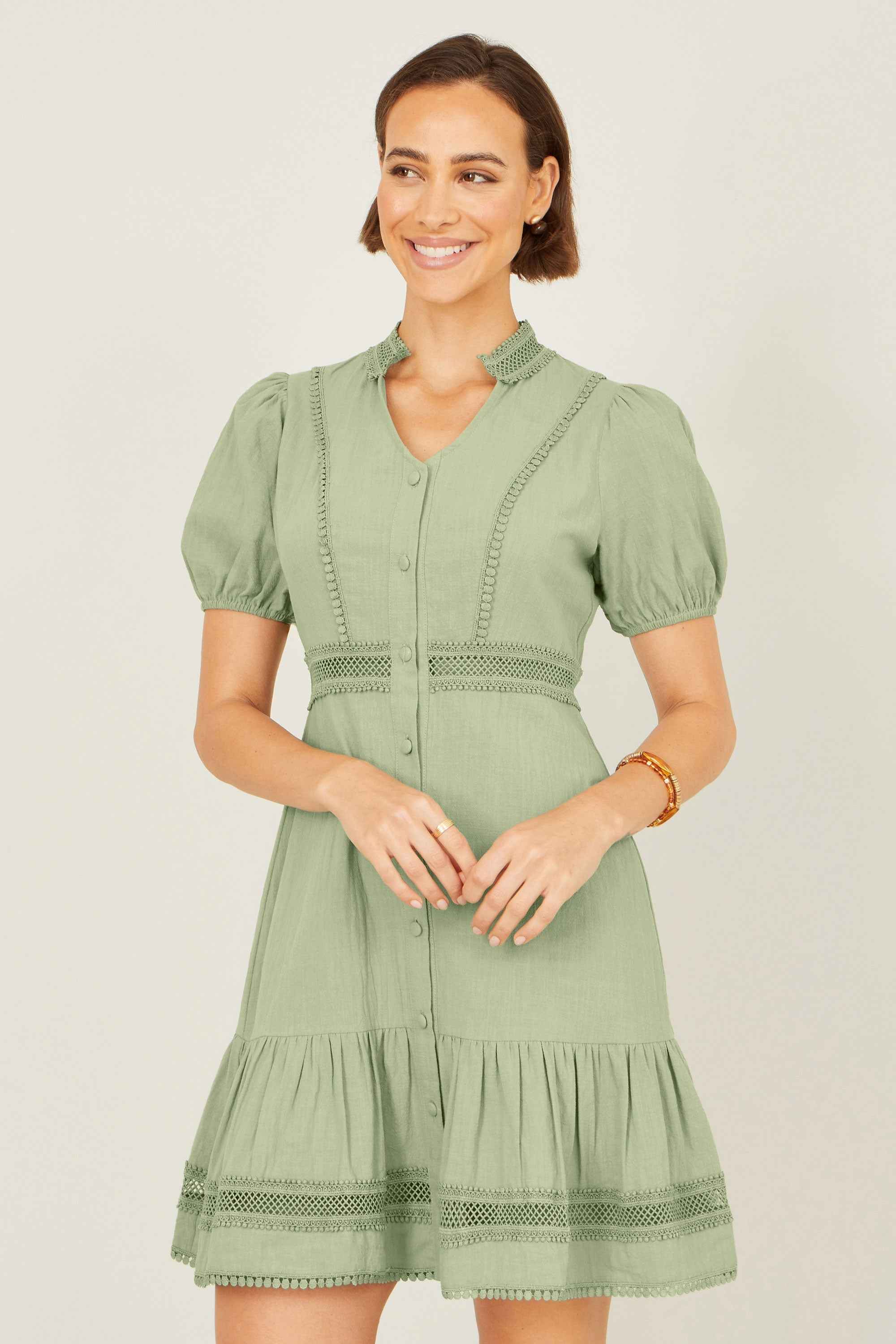 Yumi Green Cotton Lace Trim Skater Shirt Dress