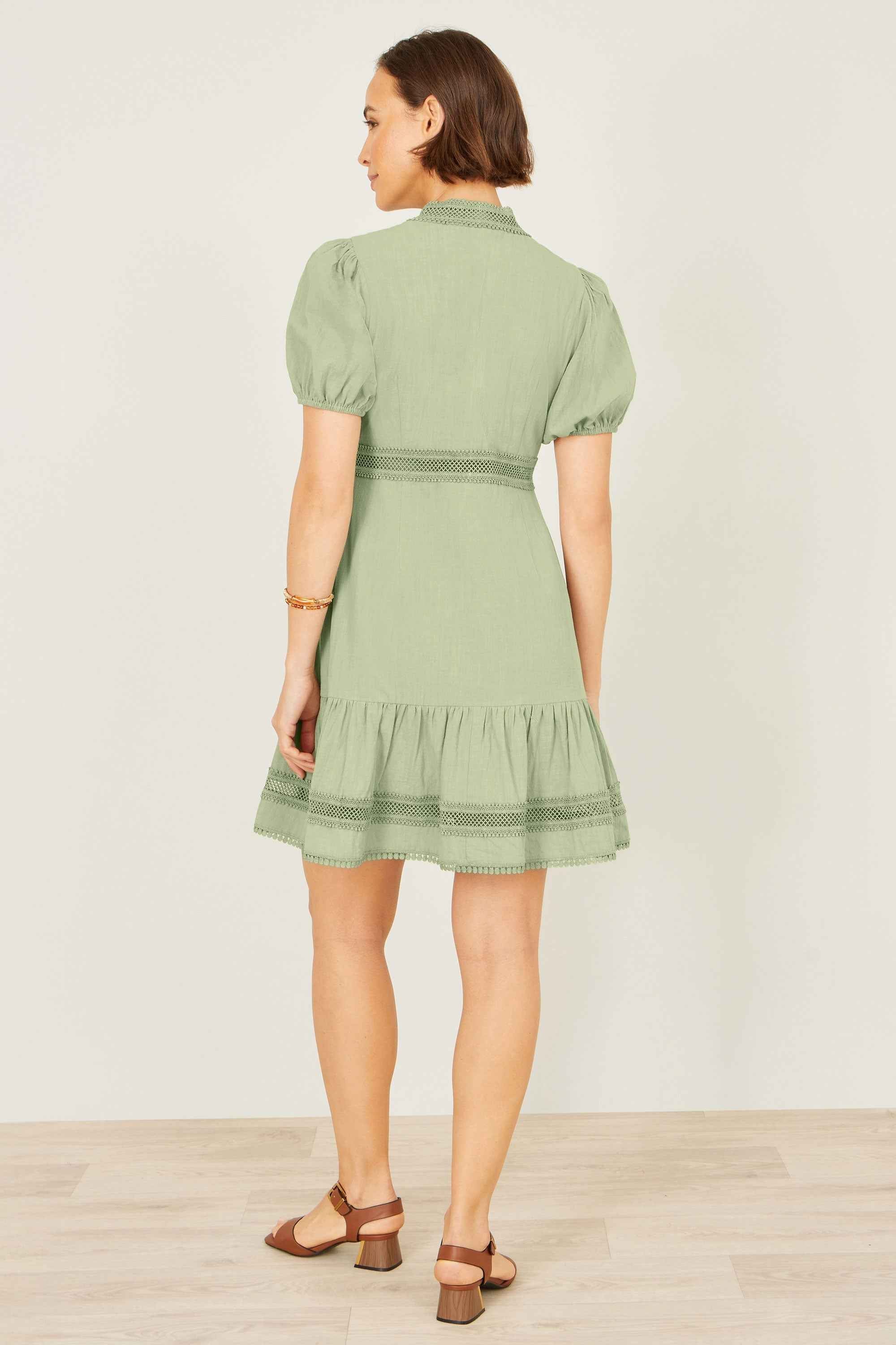 Yumi Green Cotton Lace Trim Skater Shirt Dress
