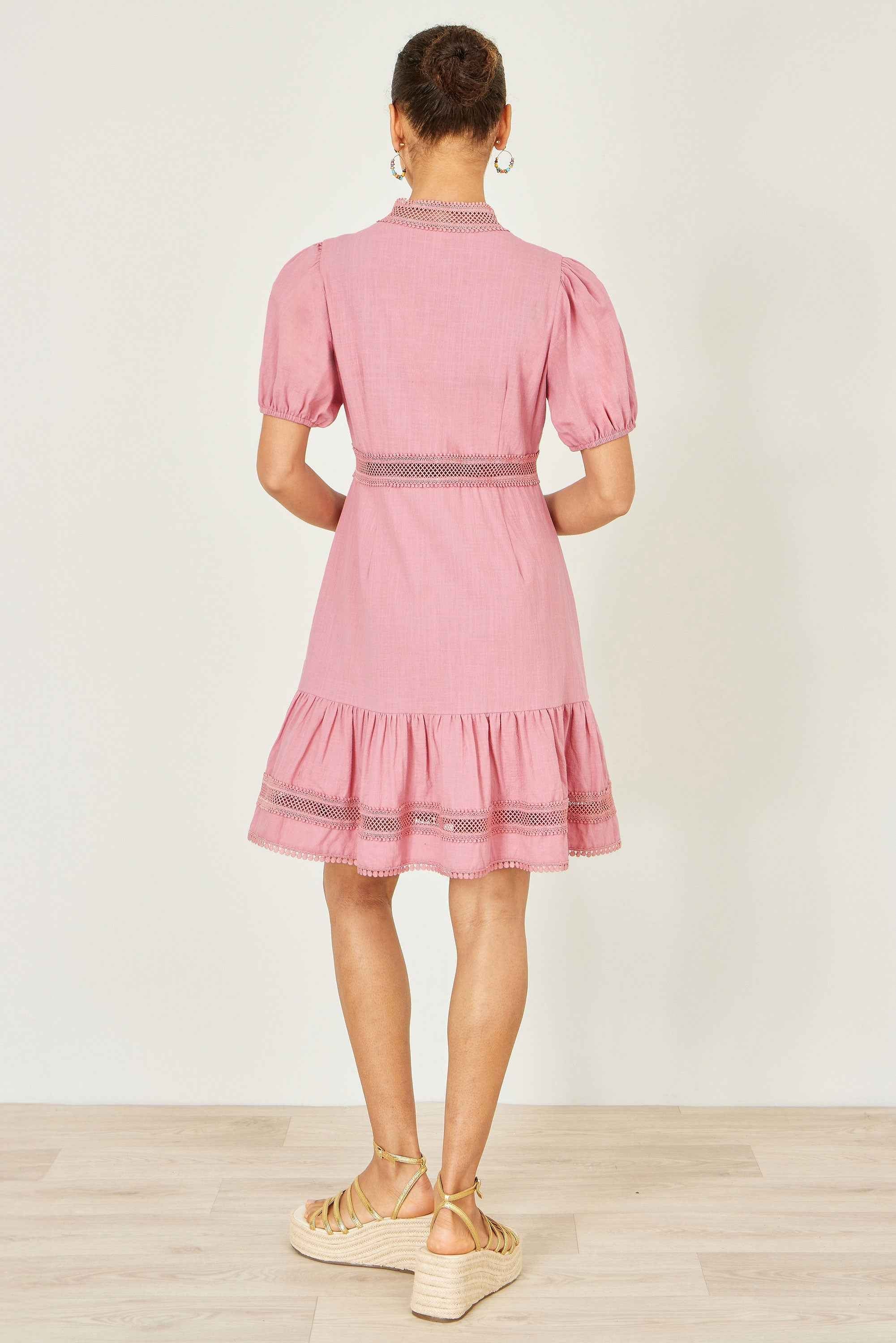 Yumi Pink Cotton Lace Trim Skater Shirt Dress