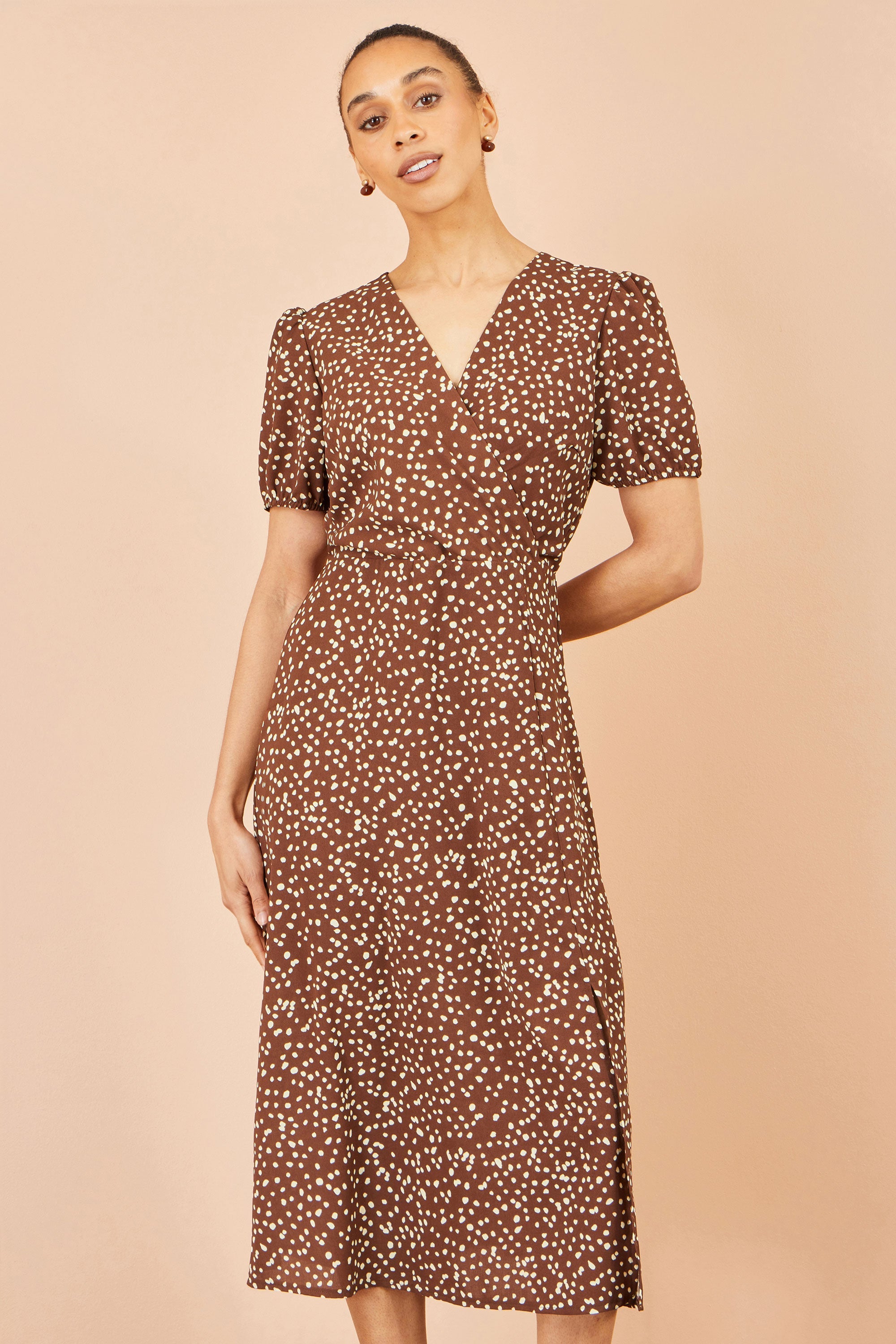 Yumi Brown Spot Midi Dress With Split Hemline