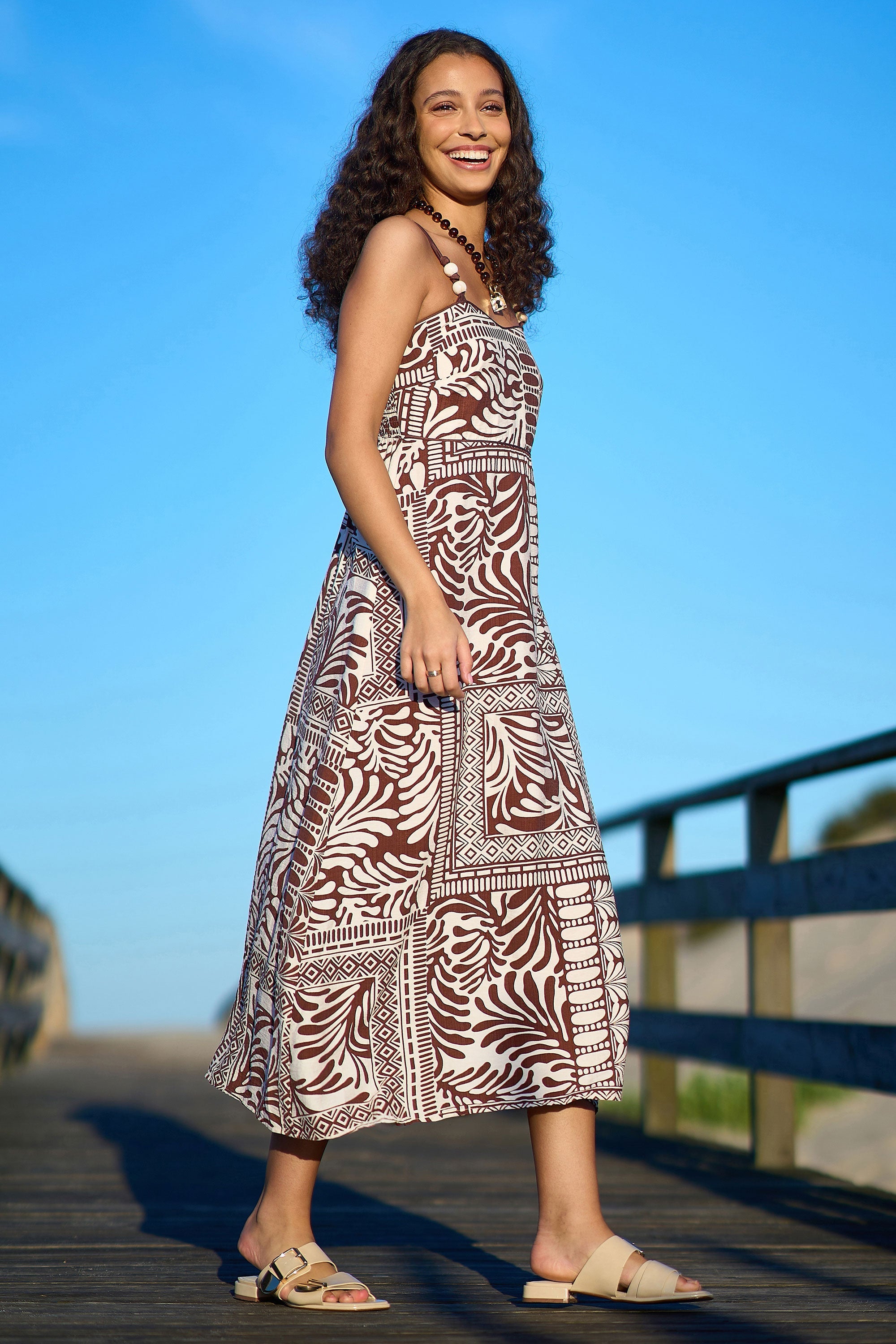Yumi Brown Tile Print Maxi Dress With Bead Details