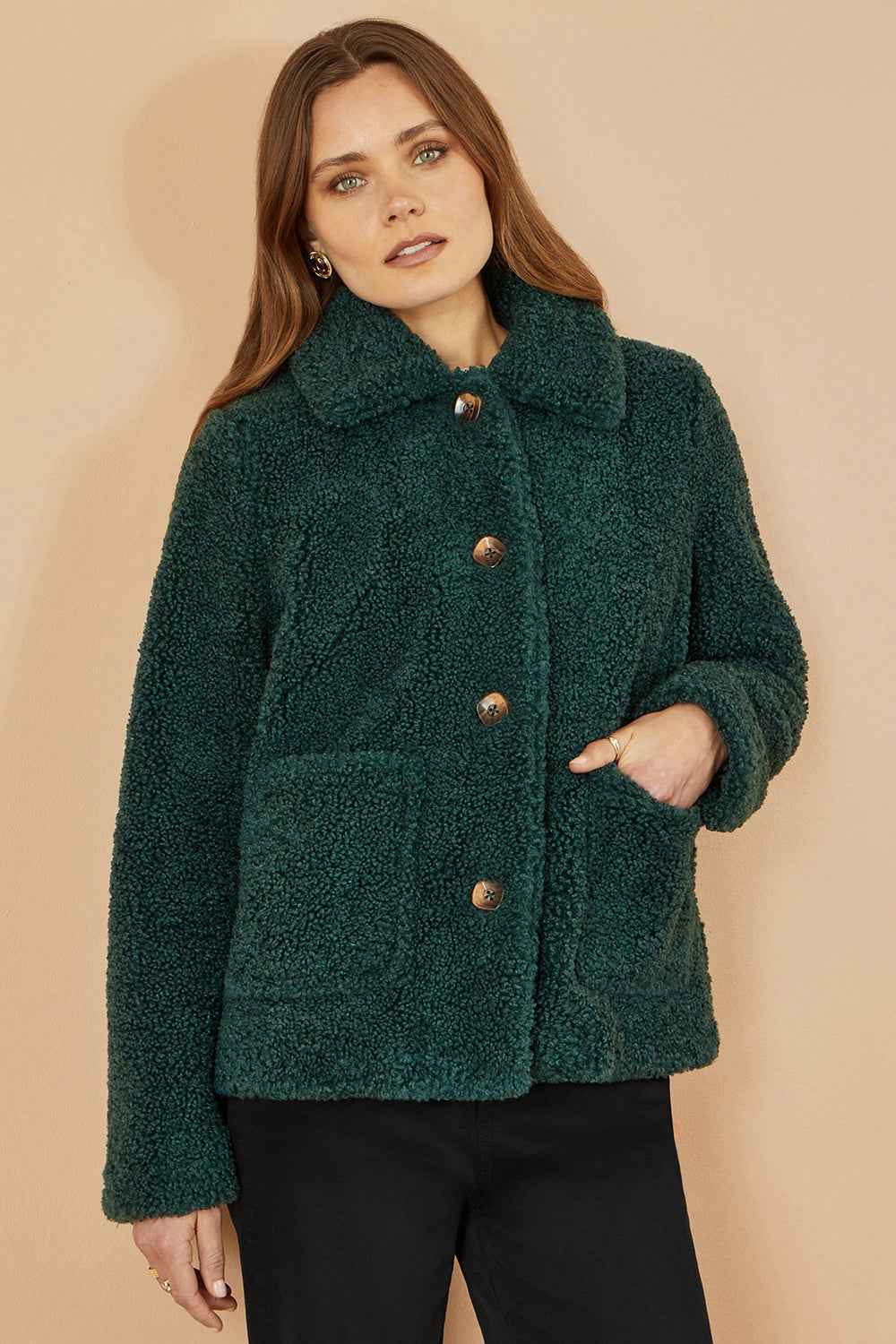 Yumi Green Short Teddy Bear Jacket