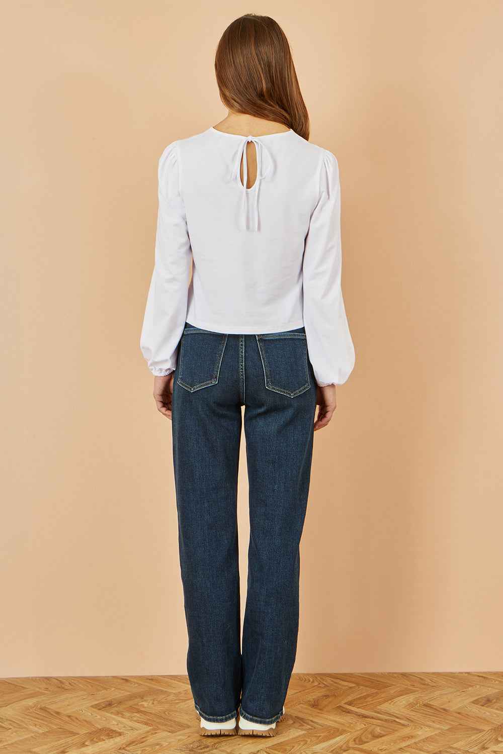 Yumi White Stretch Cotton Jersey Long Sleeve Top