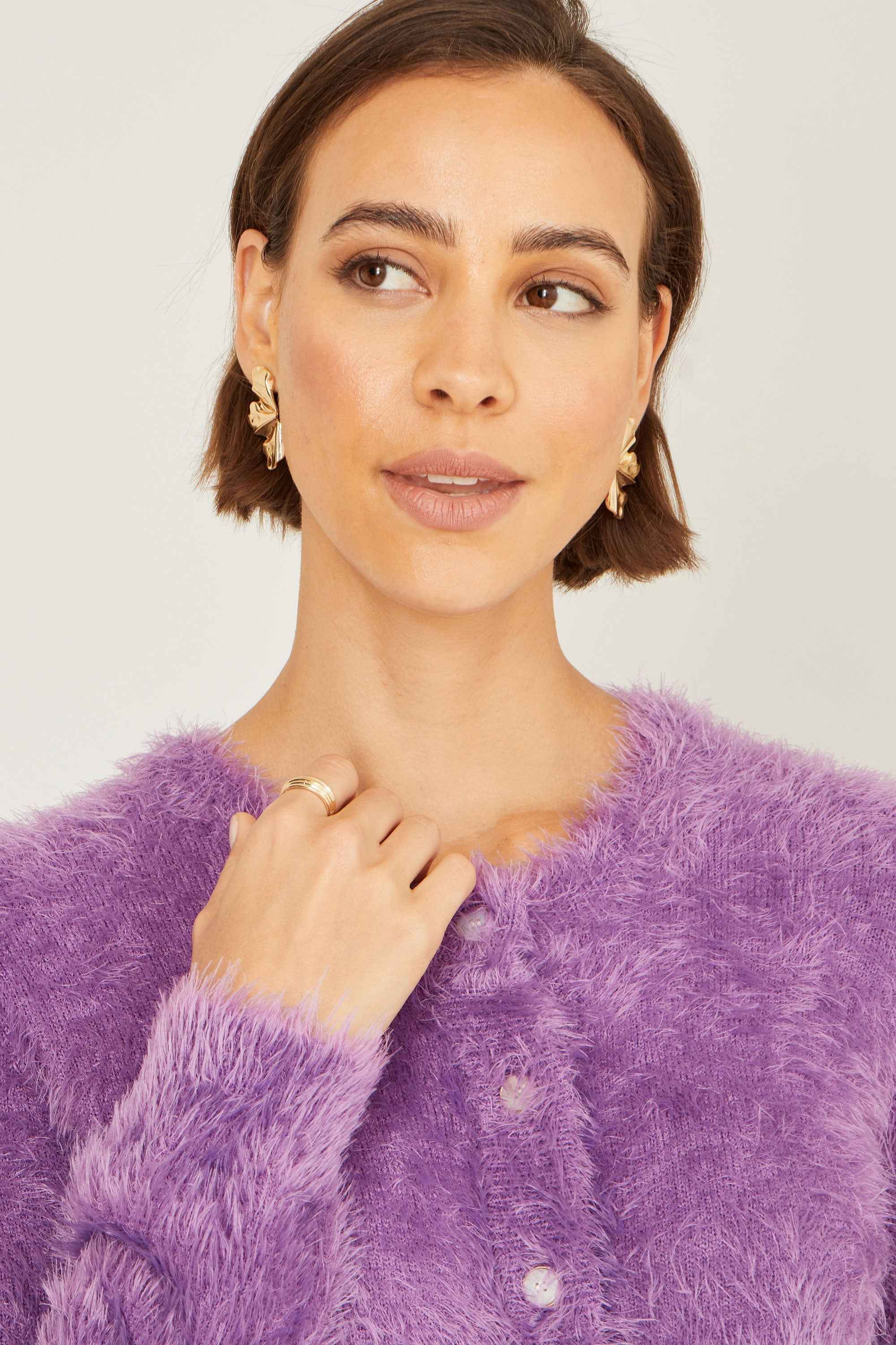 Yumi Lavender Eyelash Knit Cropped Cardigan