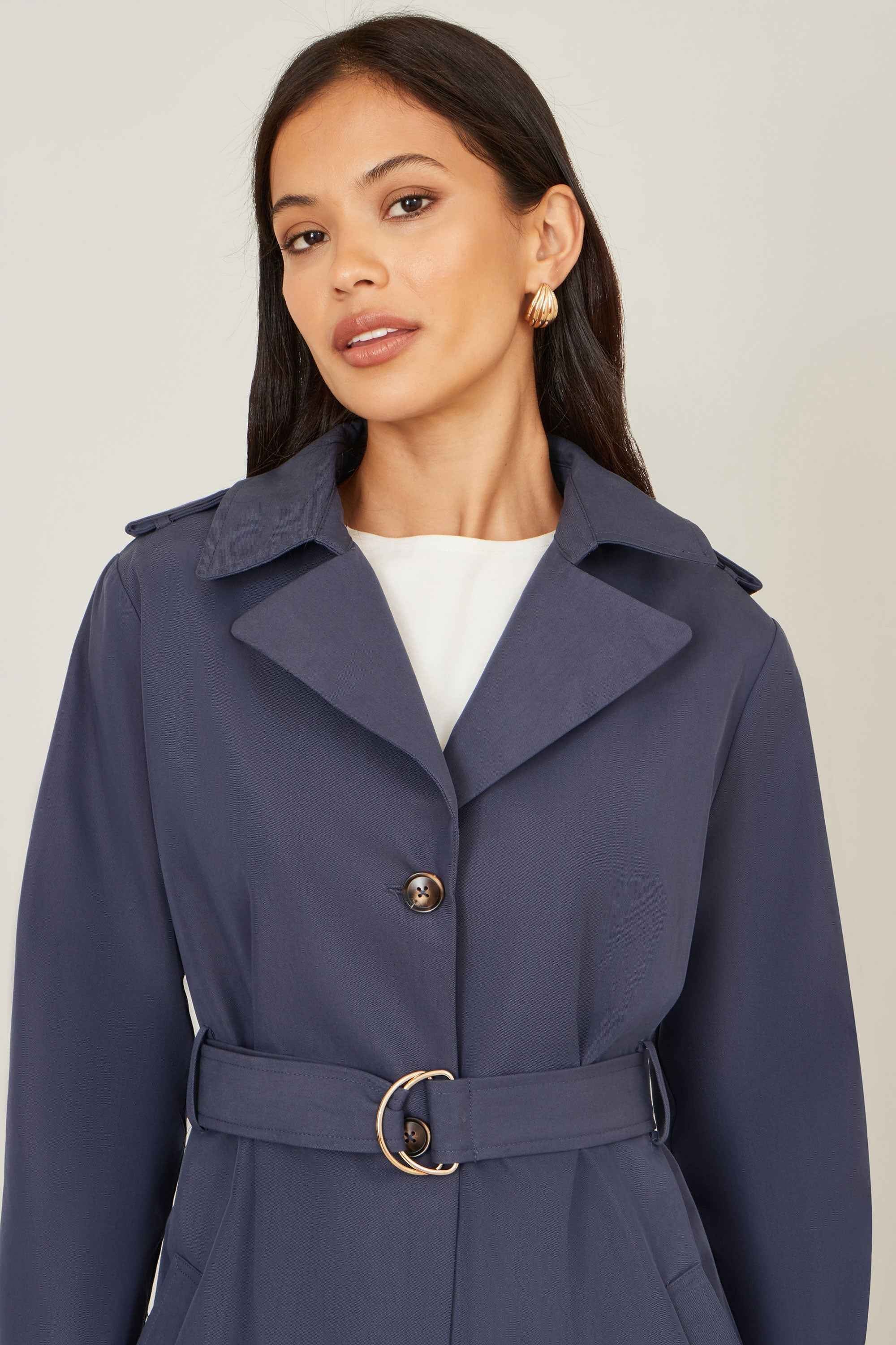 Yumi Navy Belted Long Trench Coat With Belt