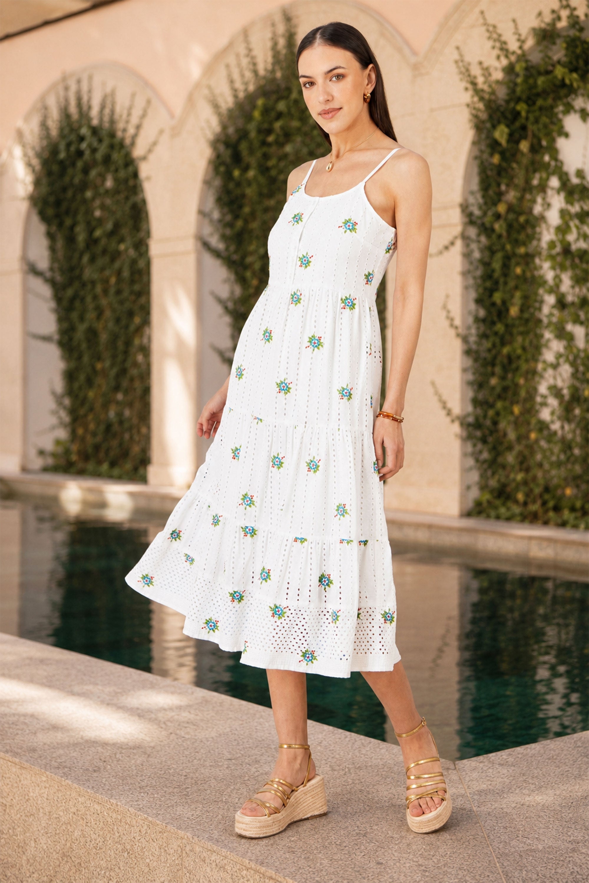 Yumi White Cotton Embroidered Broderie Anglaise Midi Sun Dress