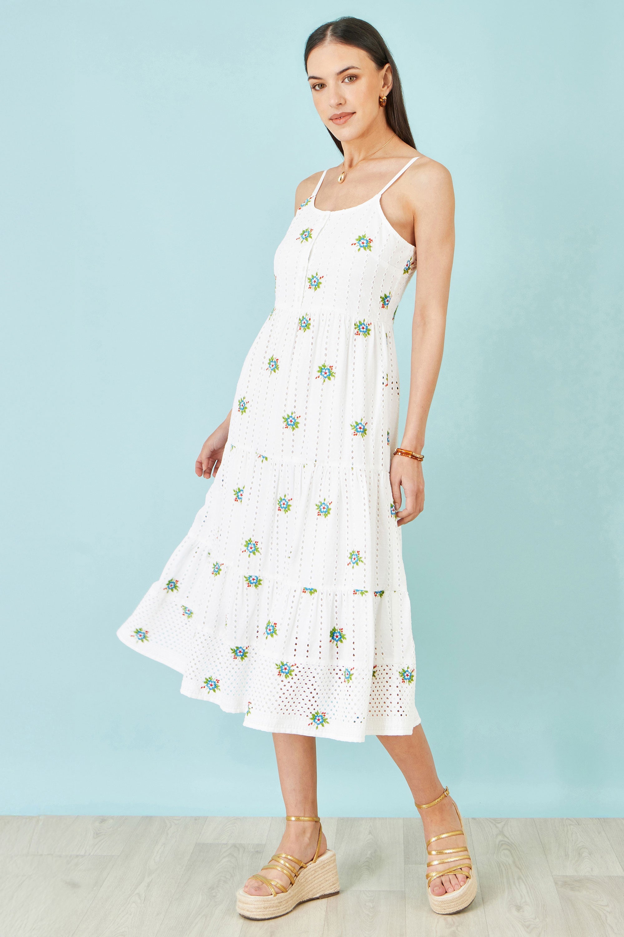 Yumi White Cotton Embroidered Broderie Anglaise Midi Sun Dress