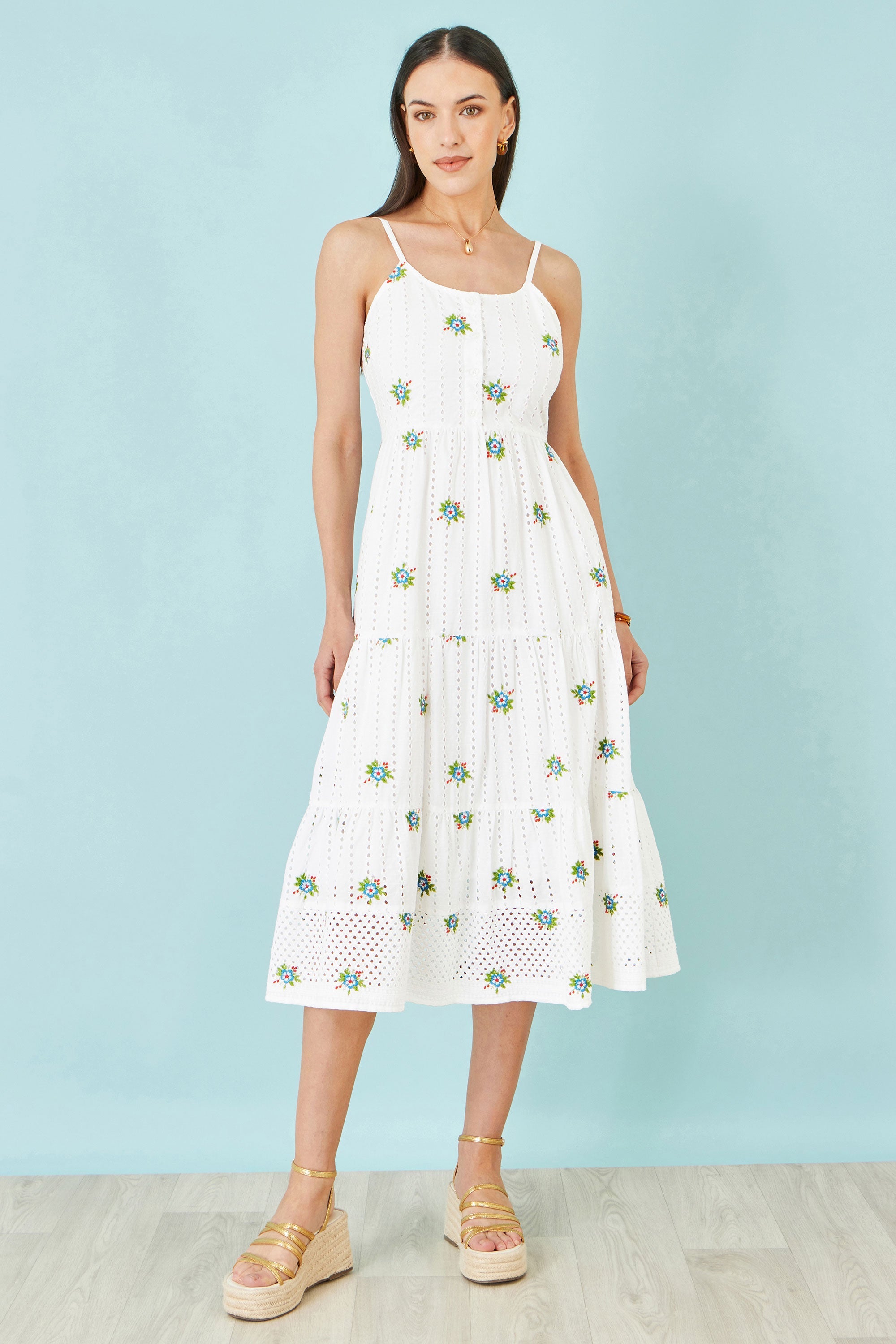 Yumi White Cotton Embroidered Broderie Anglaise Midi Sun Dress