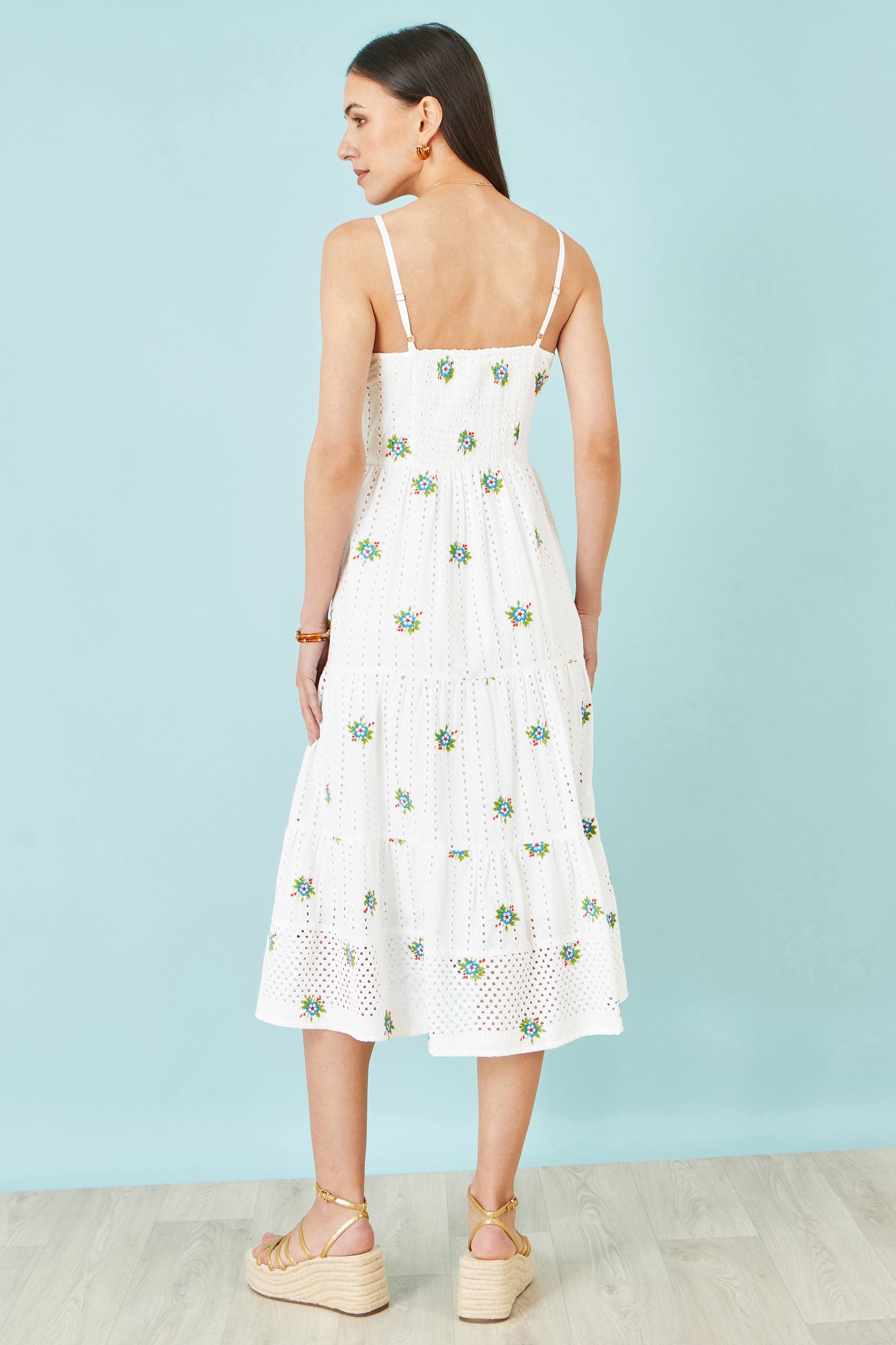 Yumi White Cotton Embroidered Broderie Anglaise Midi Sun Dress
