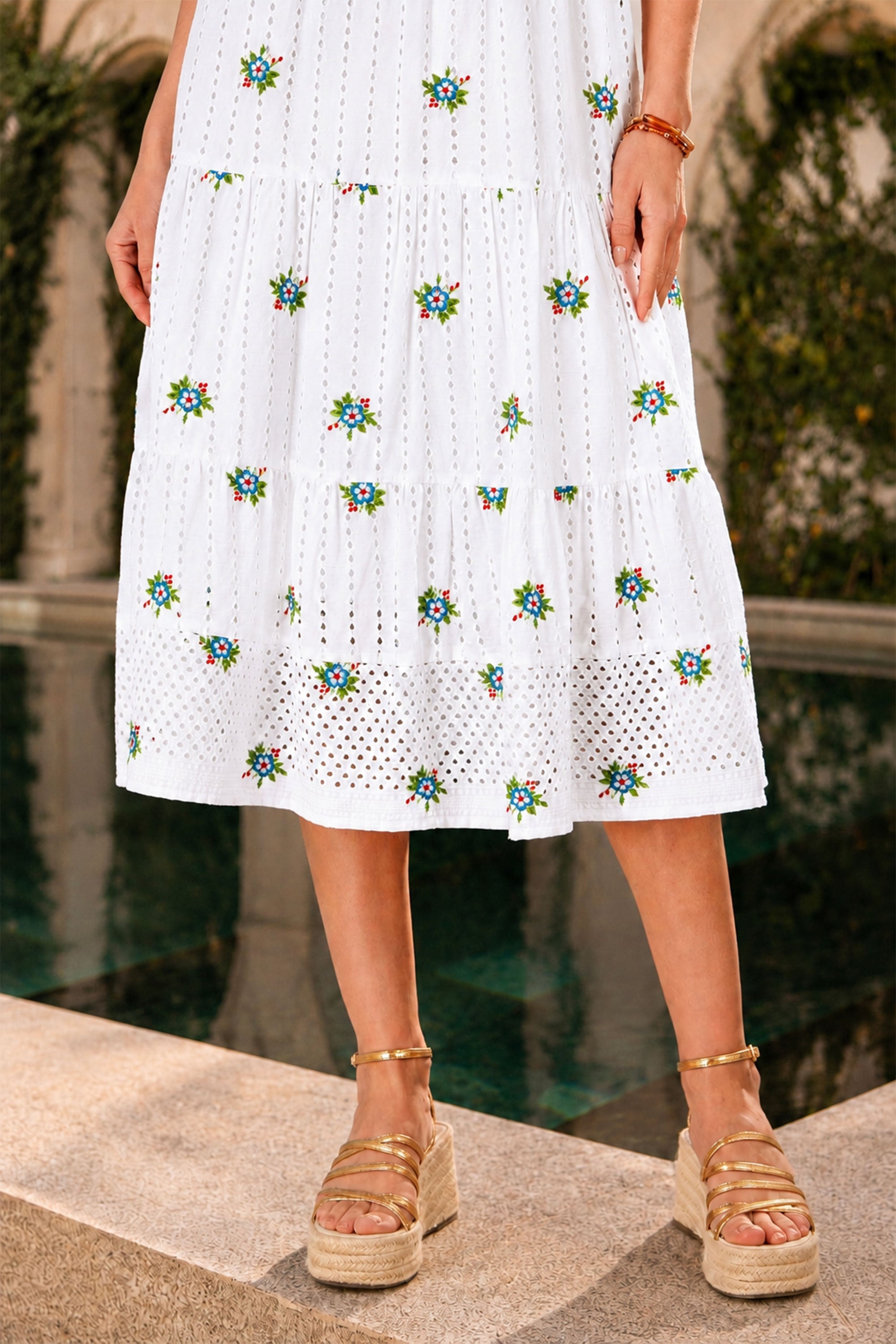 Yumi White Cotton Embroidered Broderie Anglaise Midi Sun Dress