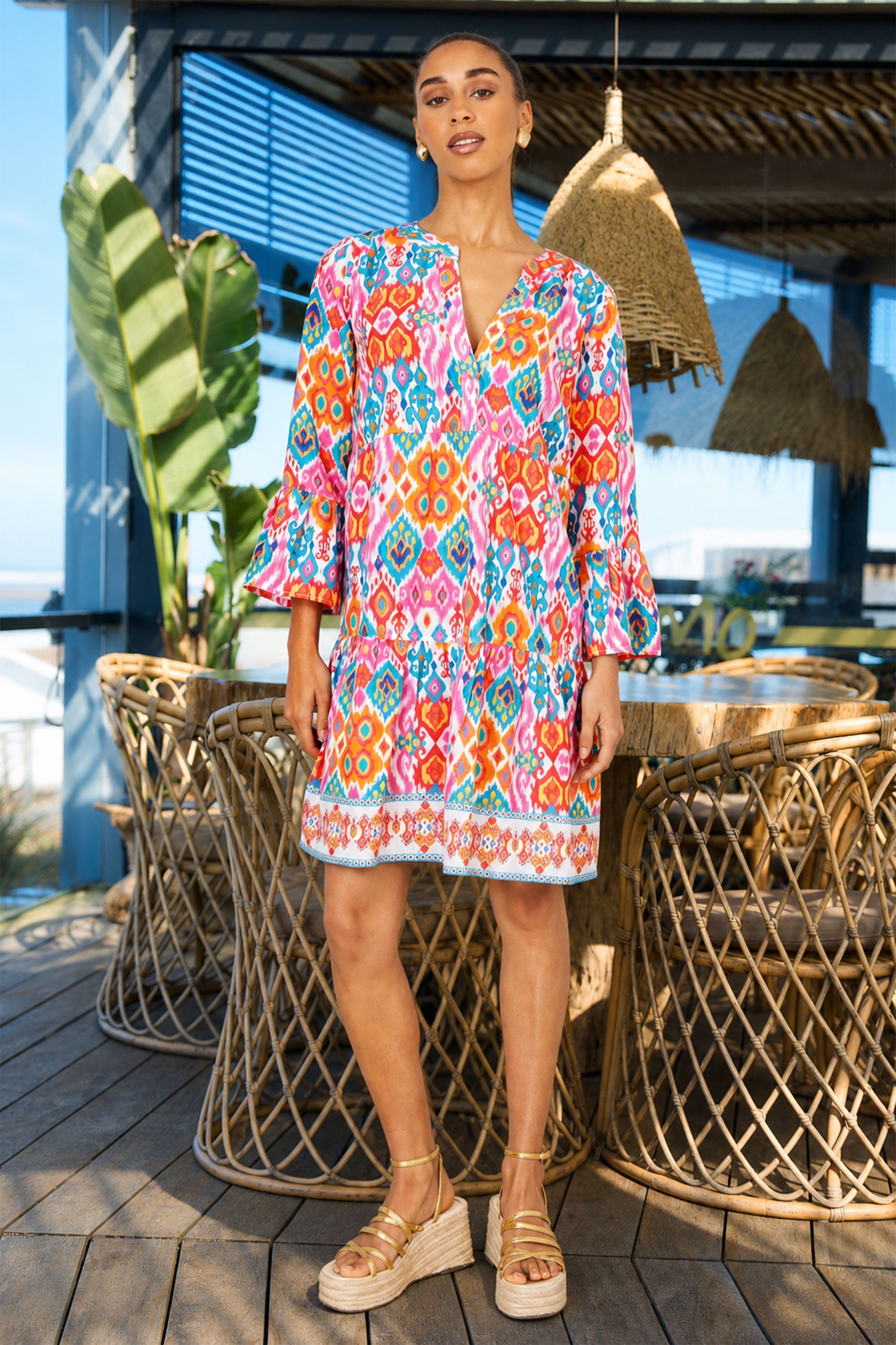 Yumi Multicolour Ikat Print Viscose Beach Tunic