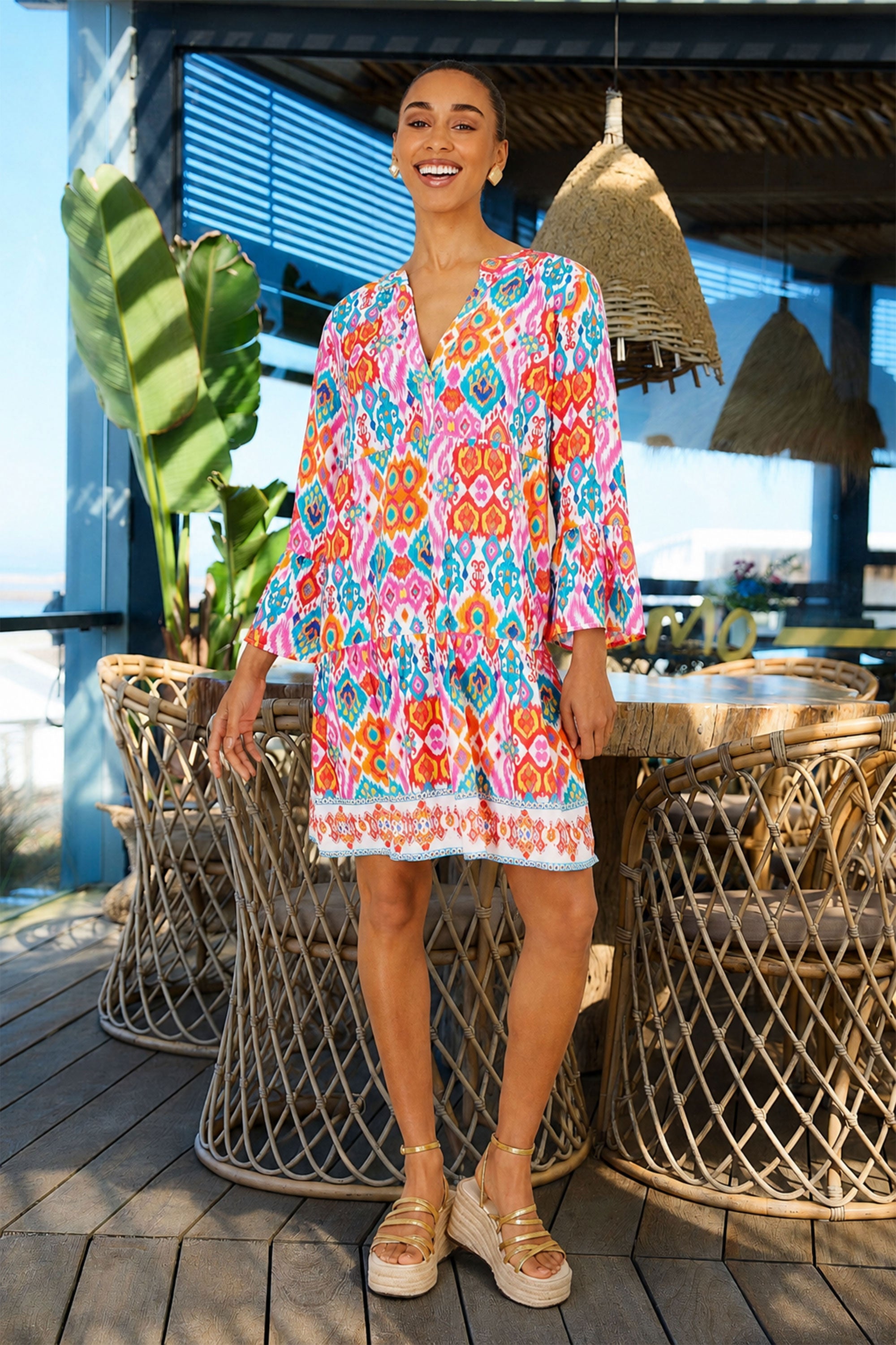 Yumi Multicolour Ikat Print Viscose Beach Tunic