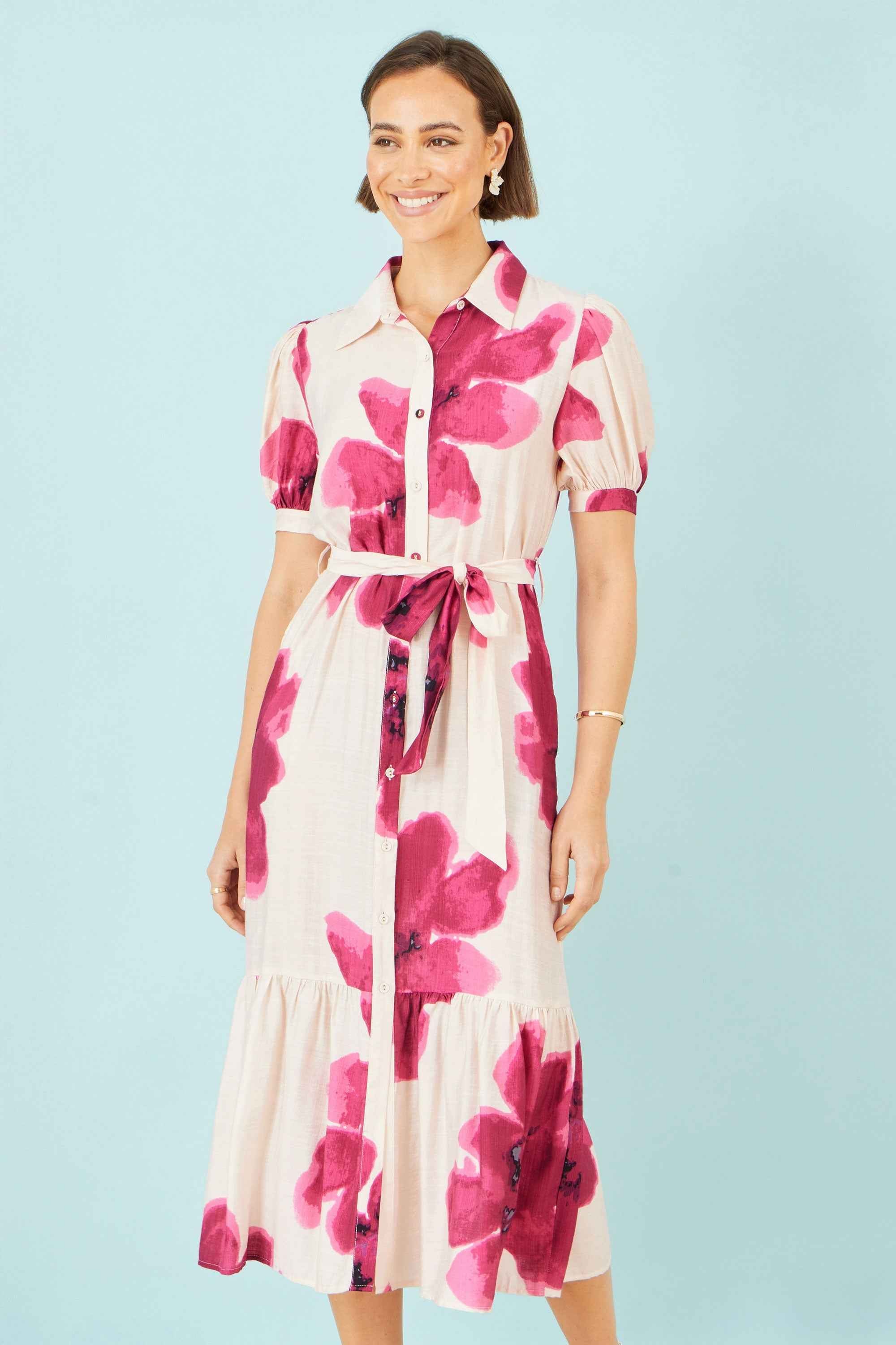 Yumi Pink Scattered Floral Shirt Dress