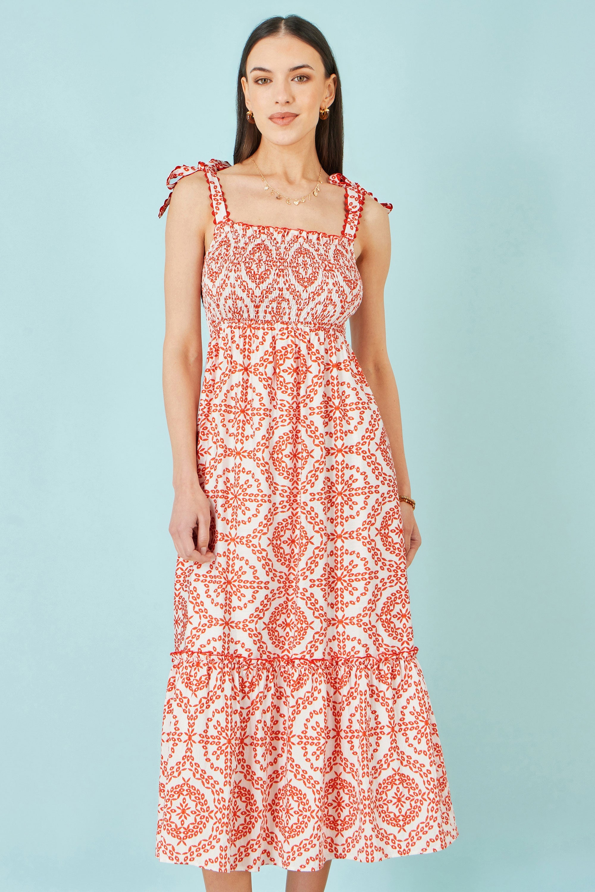 Yumi Red Viscose Ruched Tie Strap Midi Sun Dress