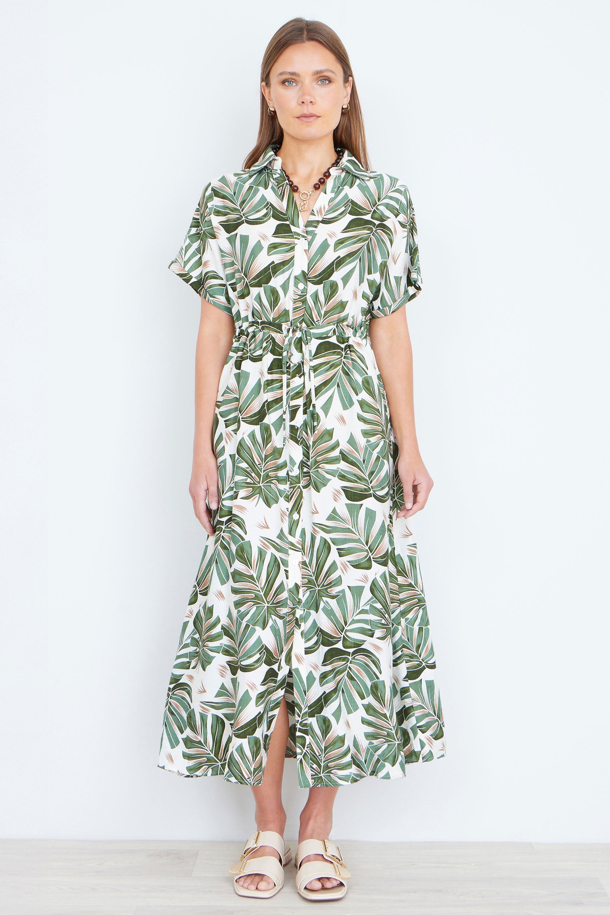 Yumi Green Viscose Leaf Print Relaxed Midi Dress