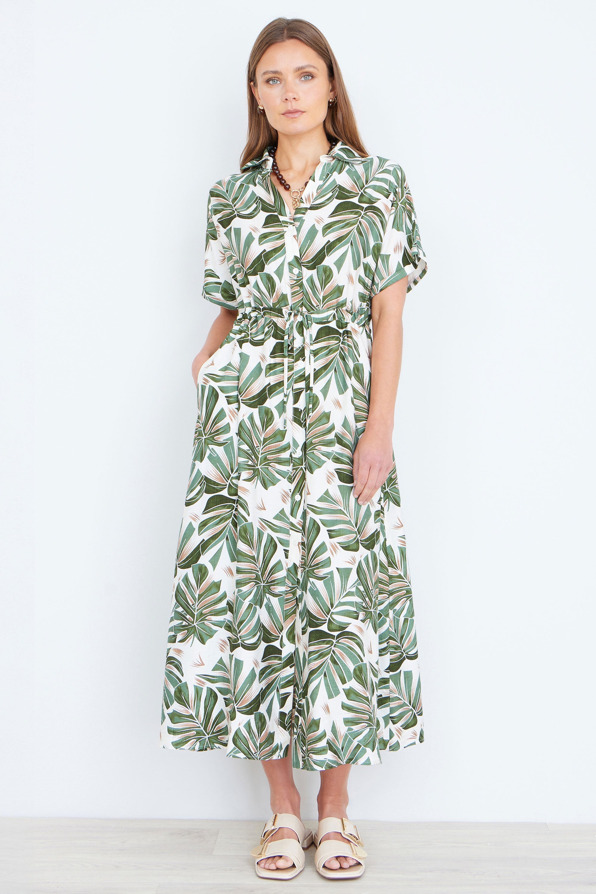 Yumi Green Viscose Leaf Print Relaxed Midi Dress