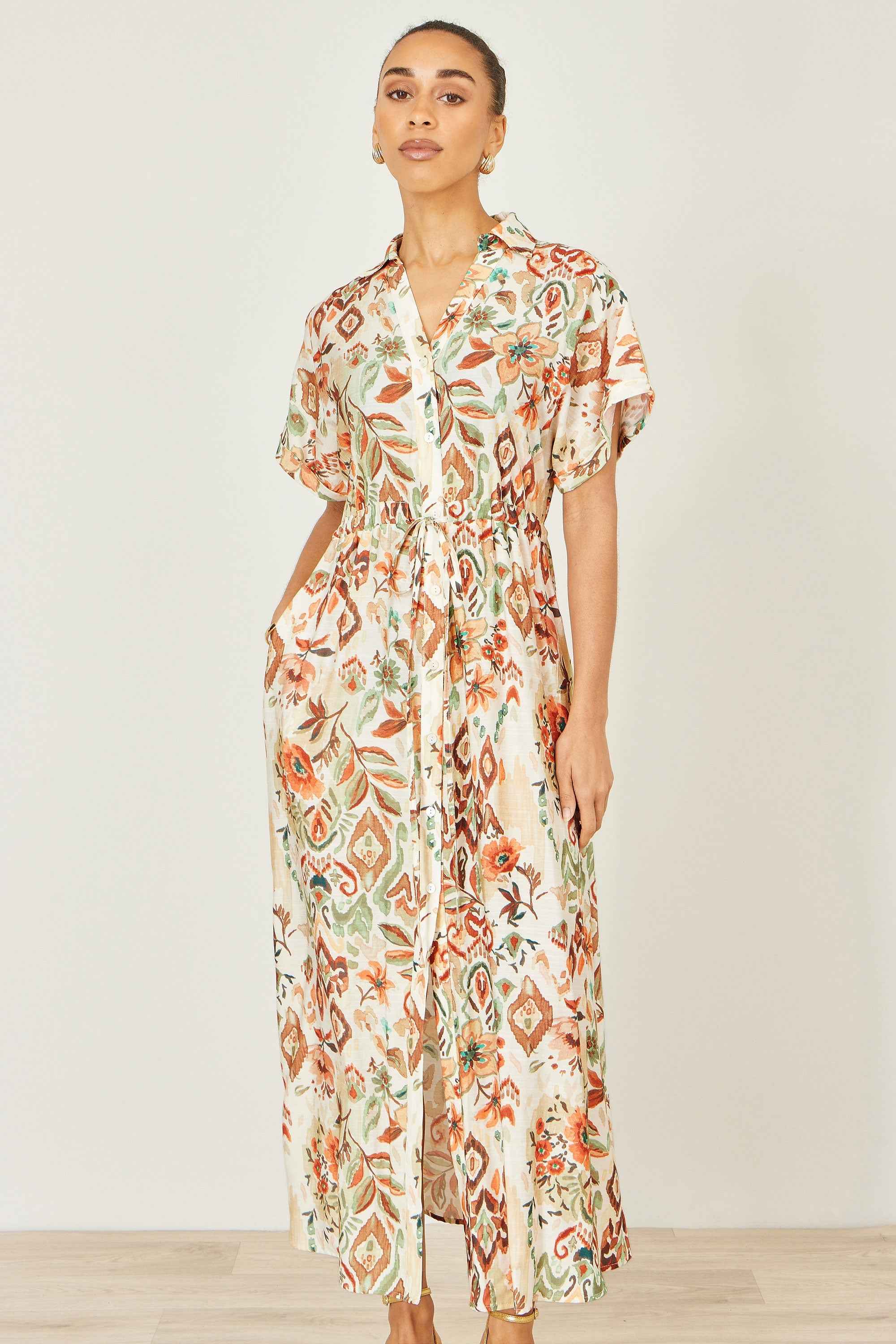Yumi Ivory Viscose Relaxed Boho Print Maxi Shirt Dress