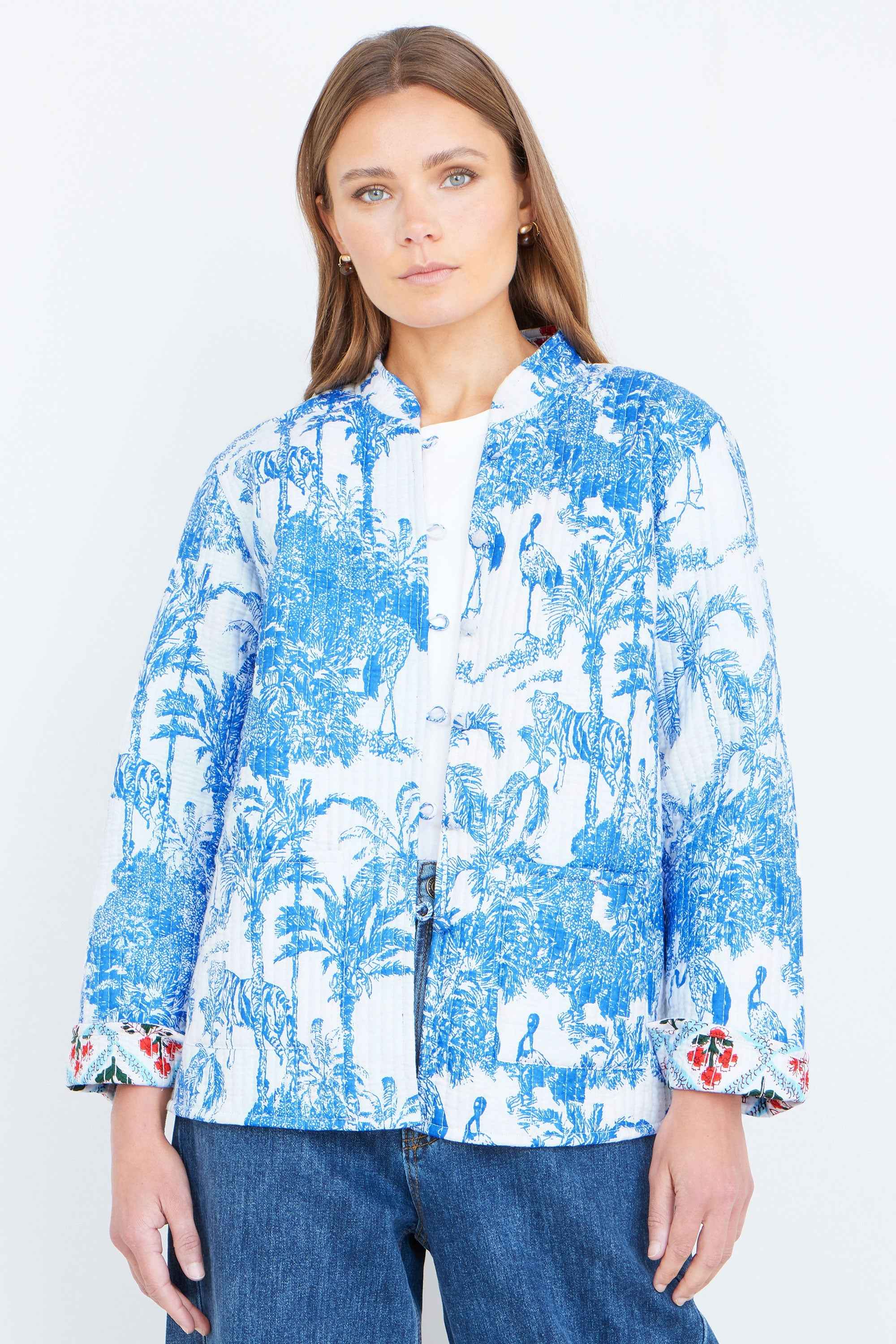 Yumi Blue Palm Reversible Cotton Quilted Jacket