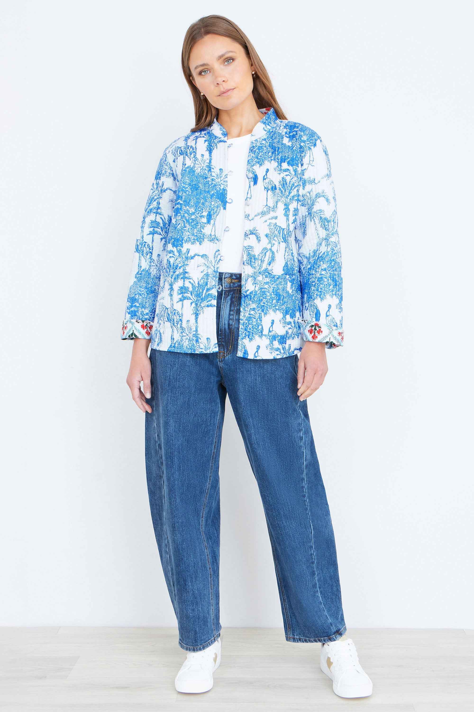 Yumi Blue Palm Reversible Cotton Quilted Jacket