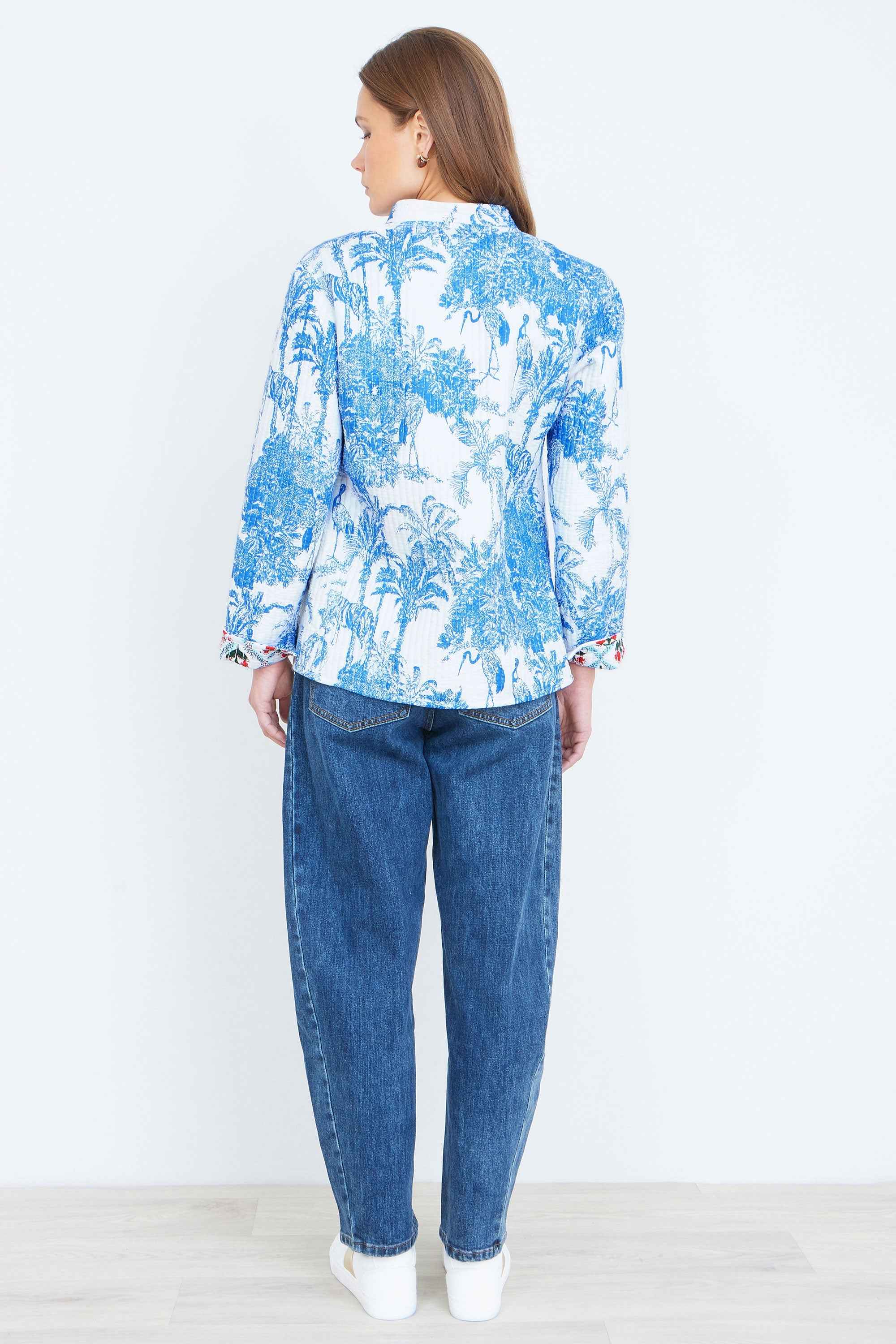 Yumi Blue Palm Reversible Cotton Quilted Jacket
