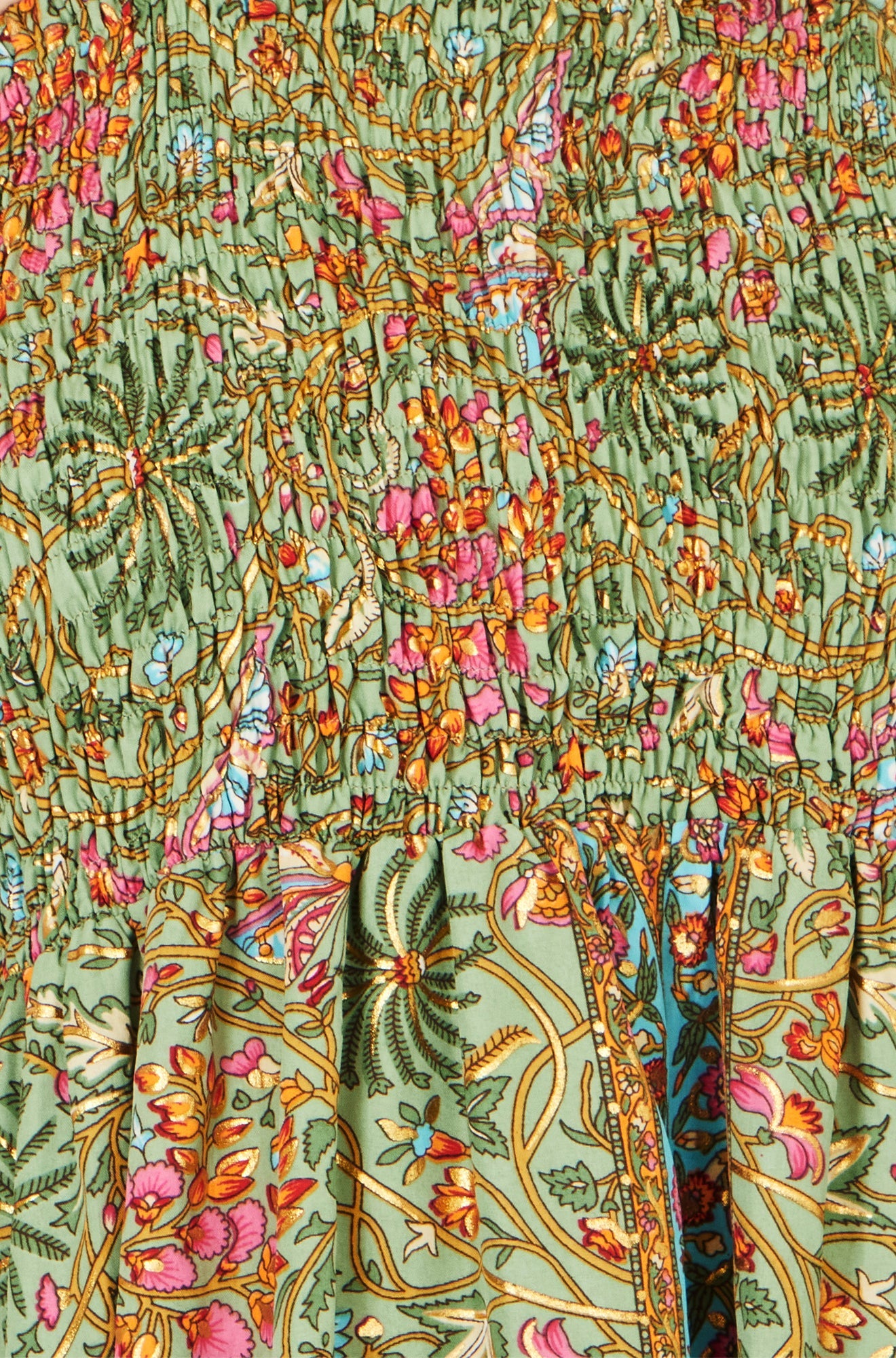 Yumi Green Foil Palm Print Ruched Maxi Dress With Border Detail