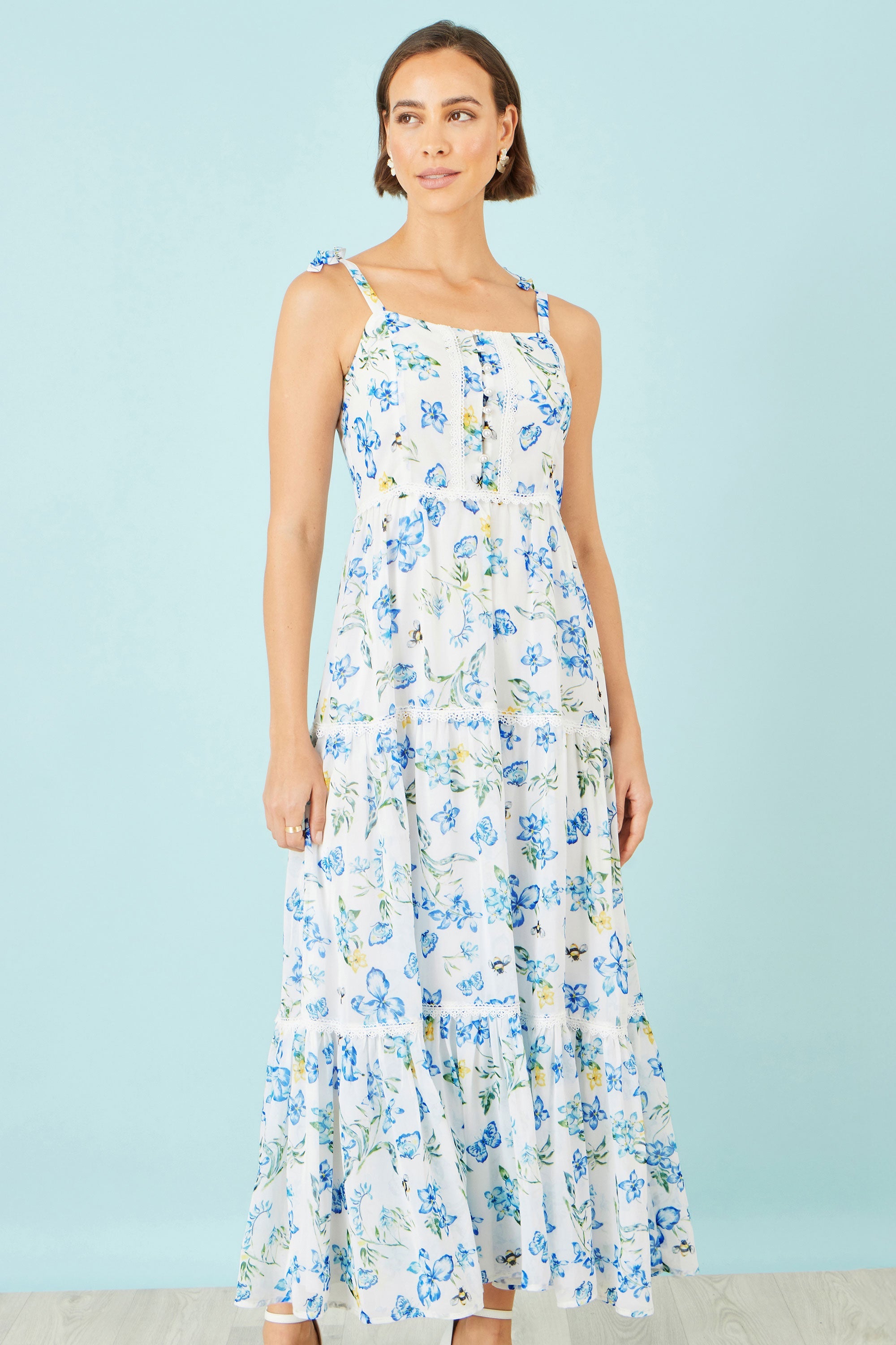 Yumi White Butterfly Print Lace Trim Maxi Dress