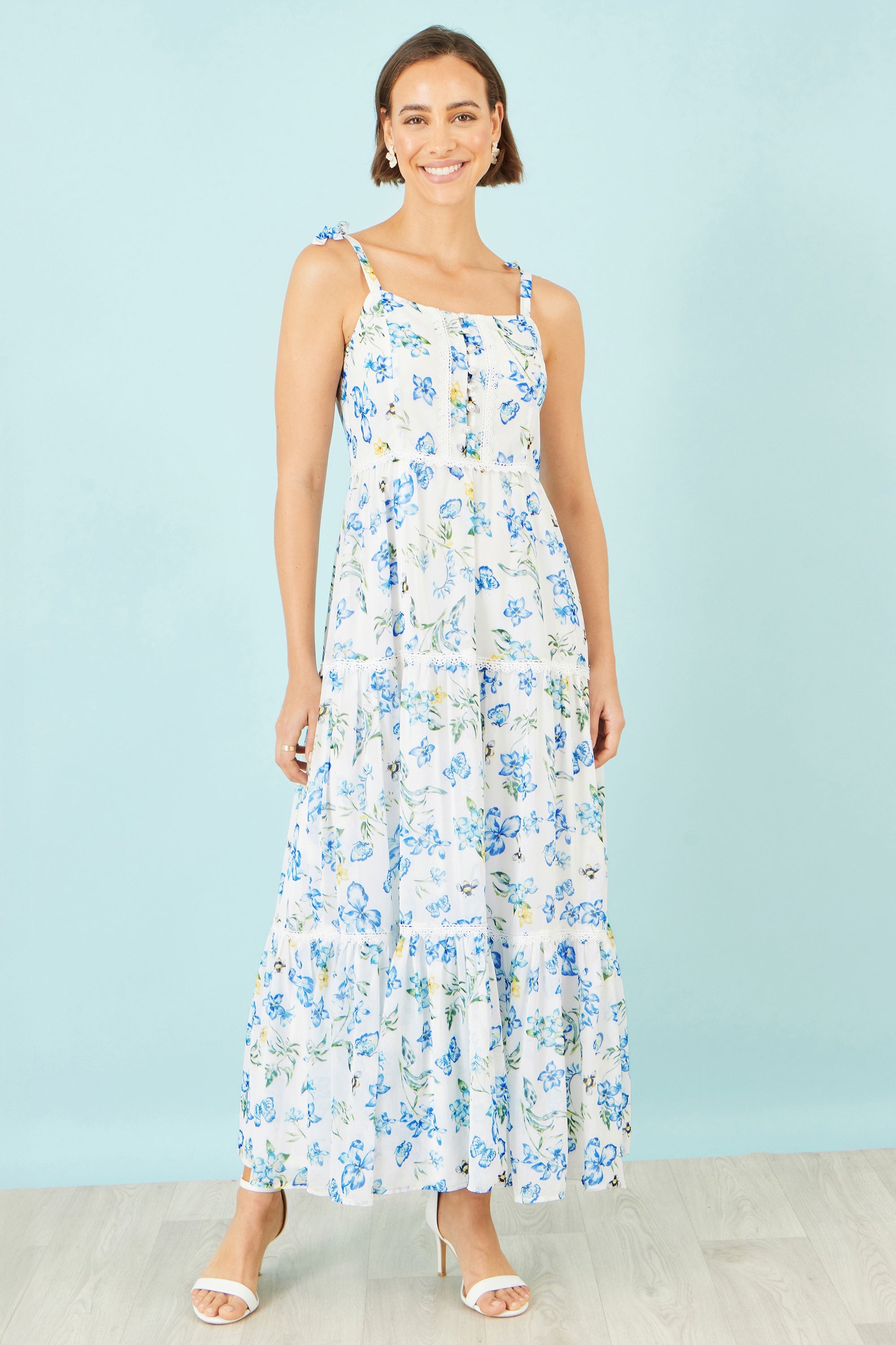 Yumi White Butterfly Print Lace Trim Maxi Dress