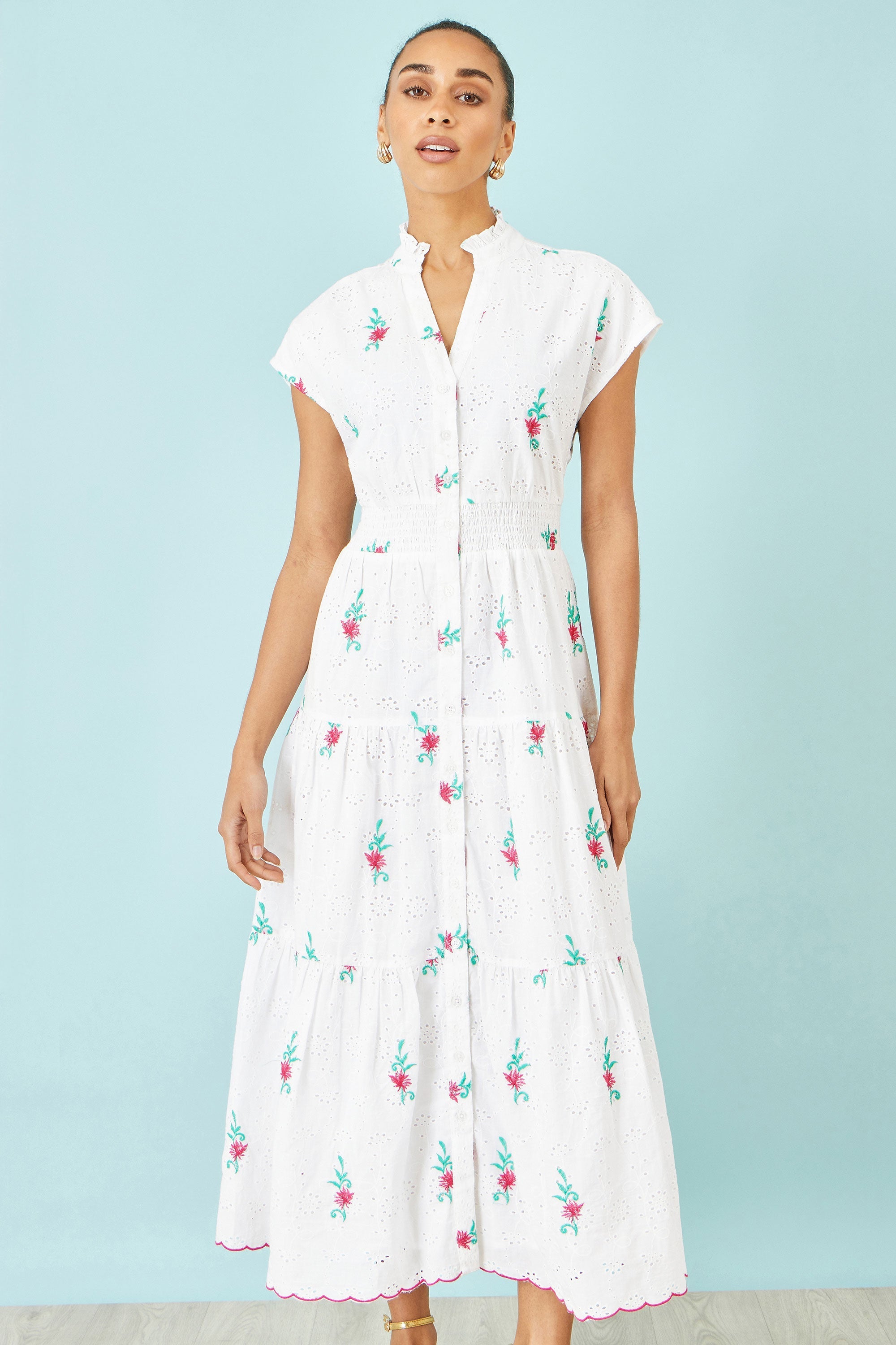 Yumi White Cotton Broderie Anglaise Embroidered Midi Dress