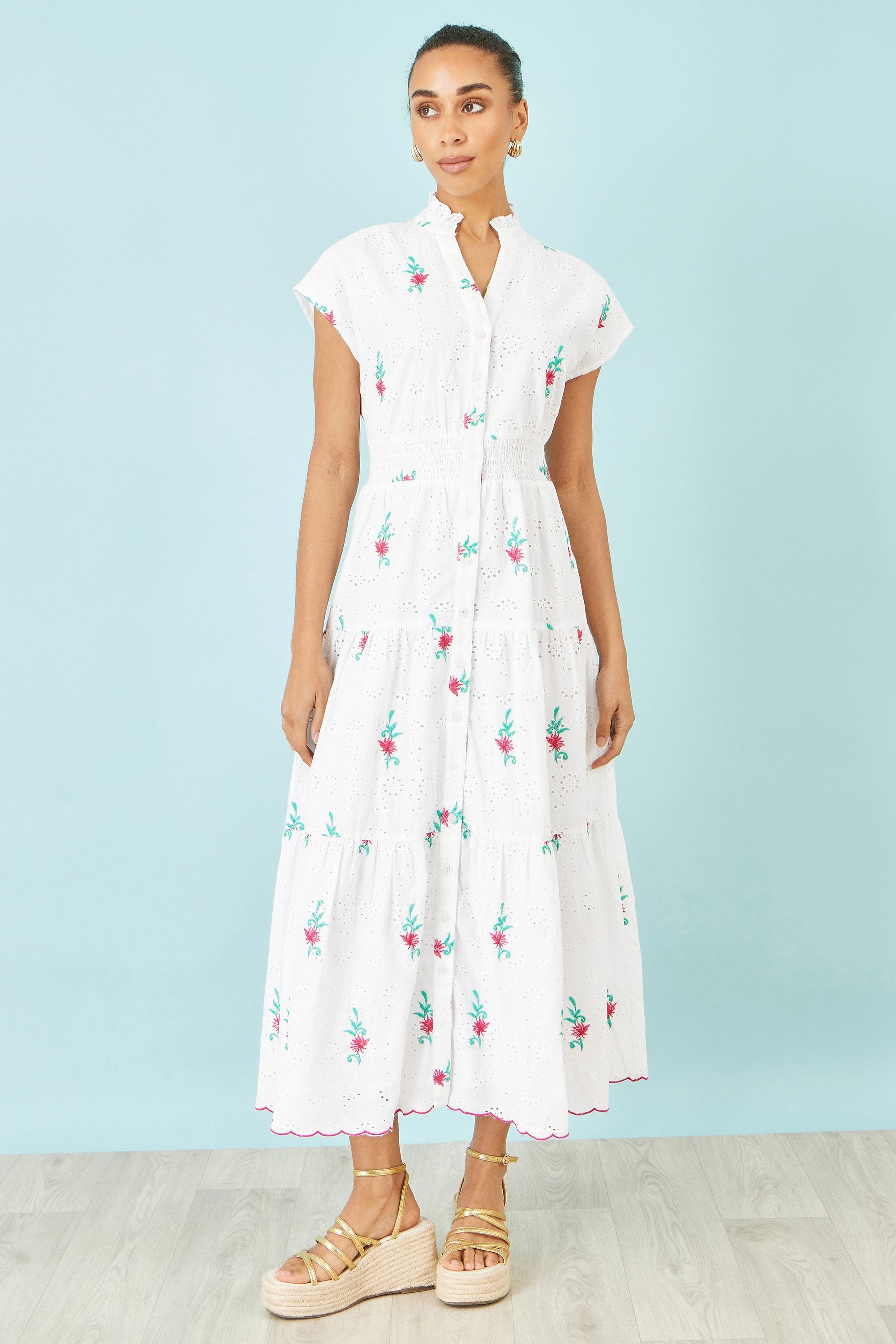 Yumi White Cotton Broderie Anglaise Embroidered Midi Dress