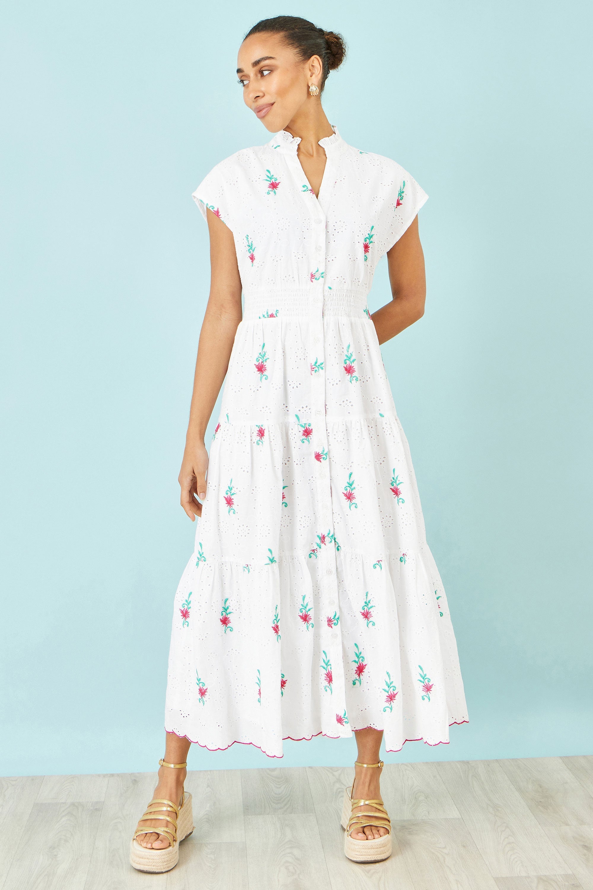Yumi White Cotton Broderie Anglaise Embroidered Midi Dress