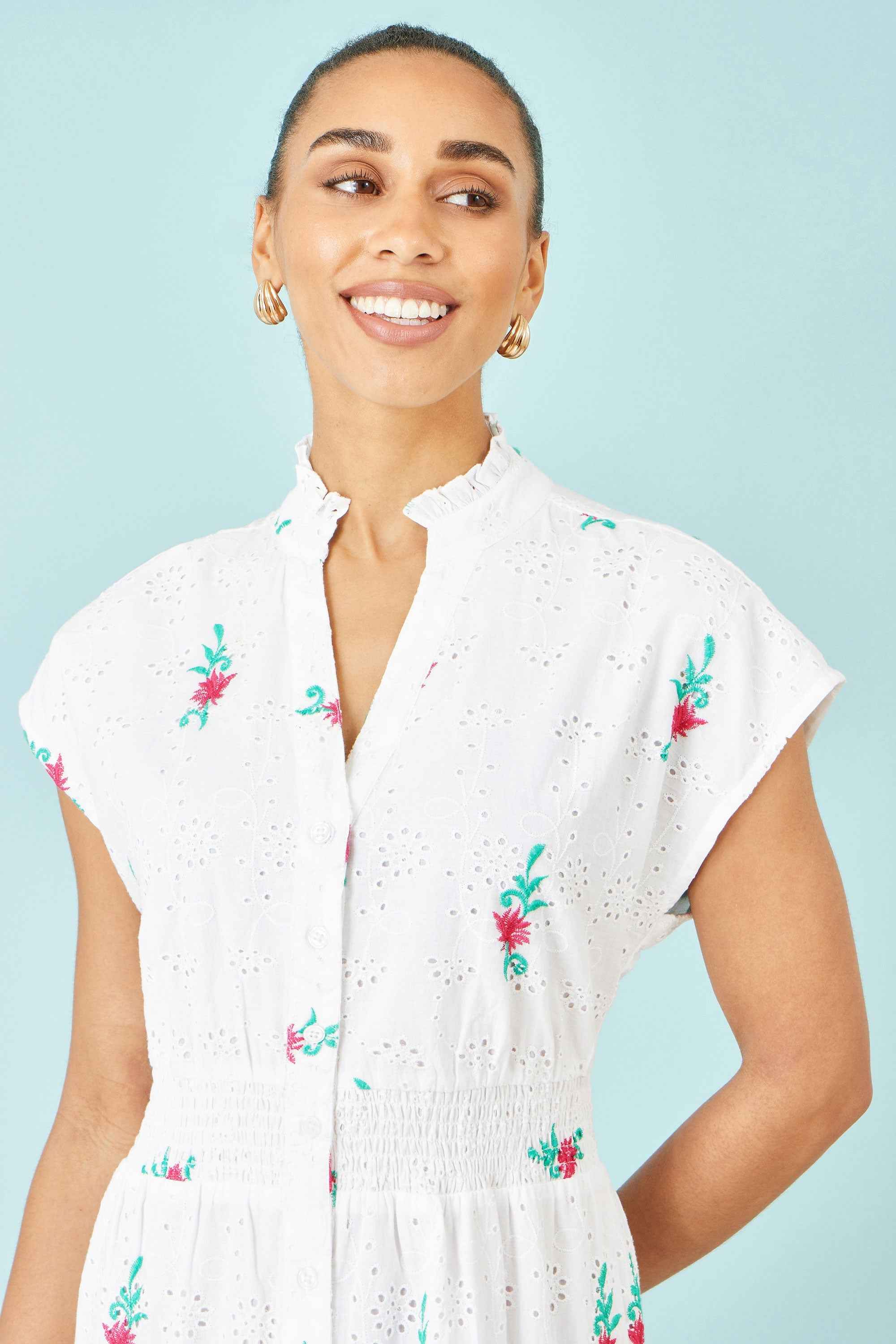 Yumi White Cotton Broderie Anglaise Embroidered Midi Dress