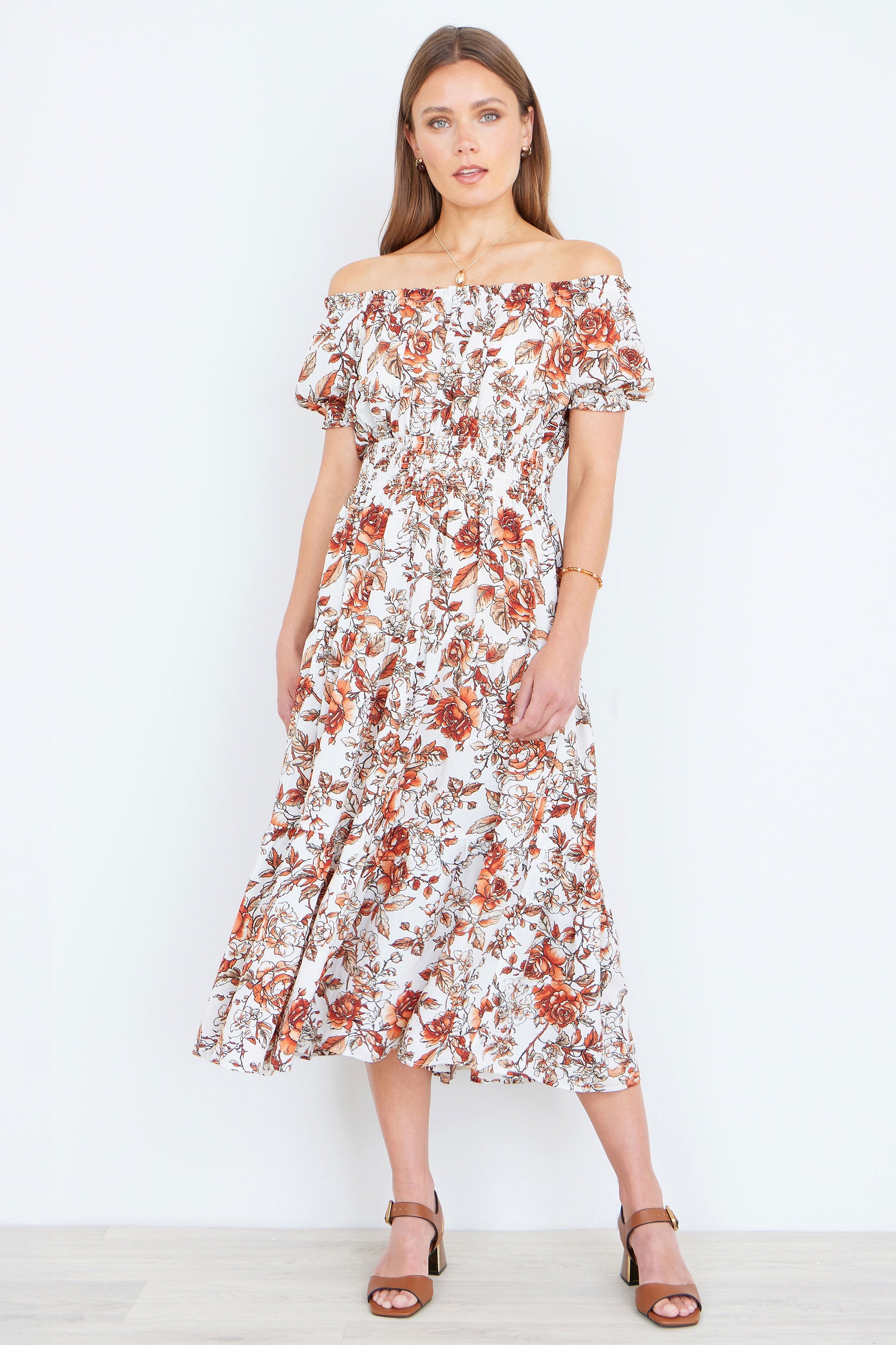 Yumi Orange Floral Ruched Waist Midi Dress