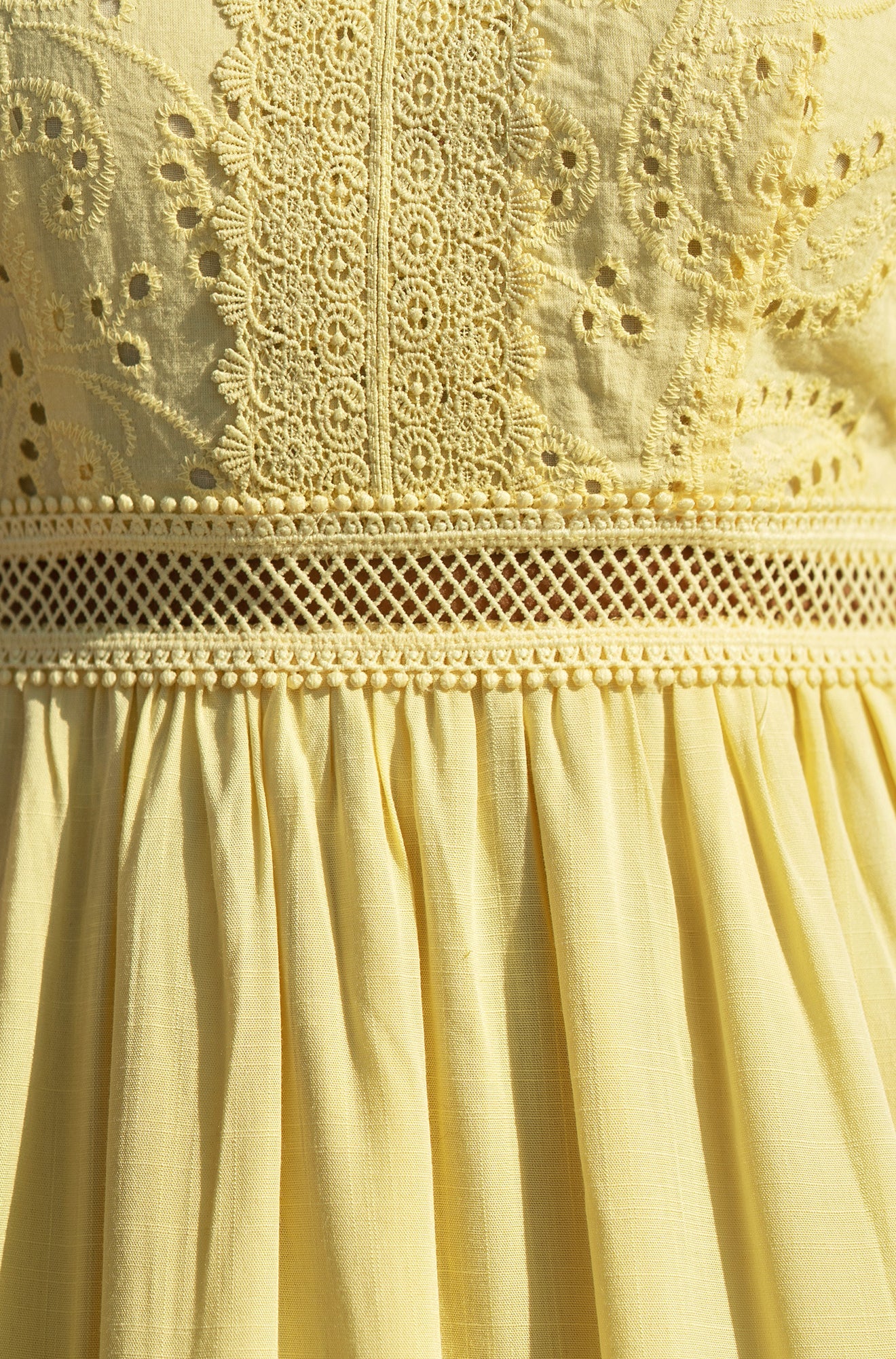 Yumi Butter Yellow Cotton Lace Trim Midi Dress