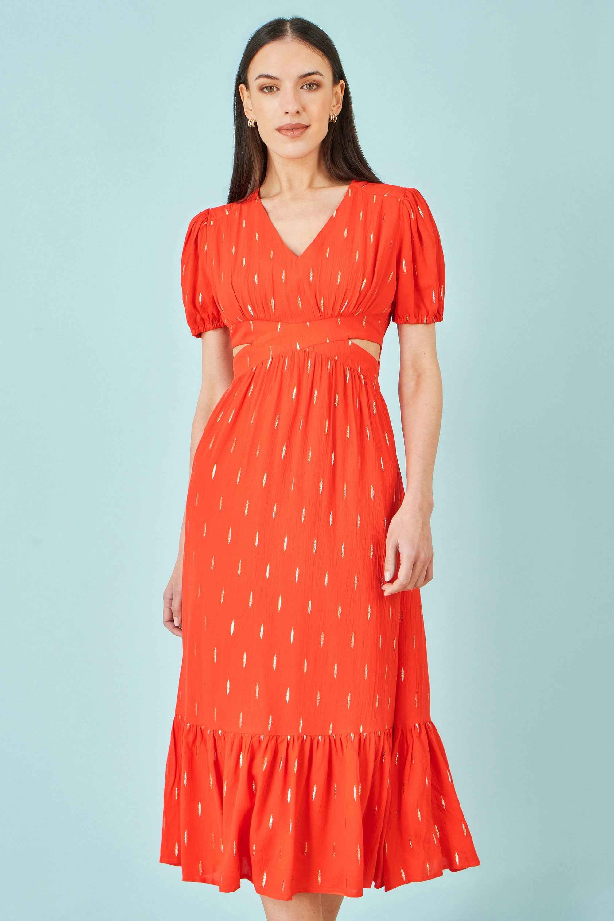 Yumi Orange Foil Print Viscose Cut Out Midi Dress