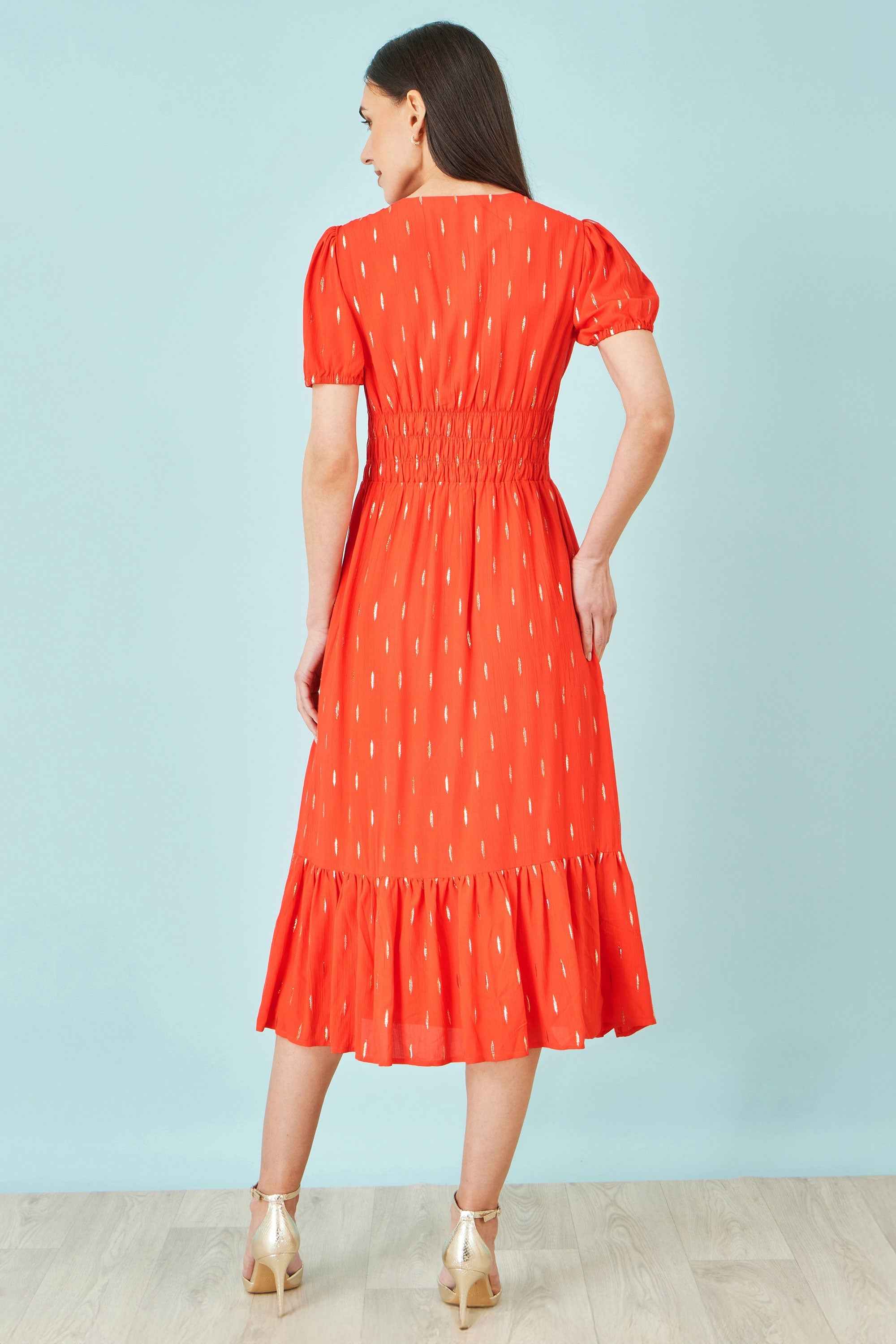 Yumi Orange Foil Print Viscose Cut Out Midi Dress