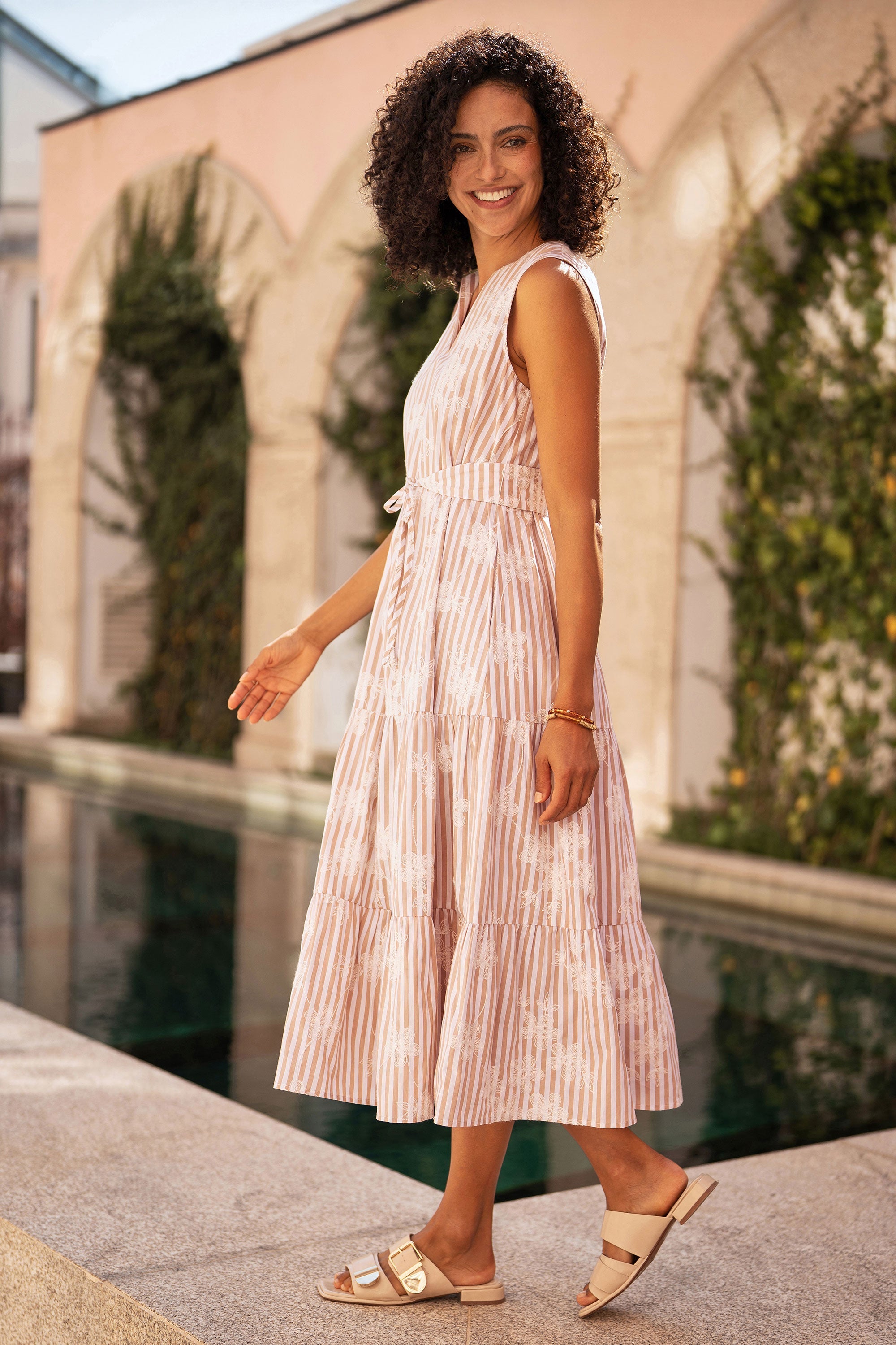 Yumi Brown Stripe With Embroidered Flower Cotton Dress