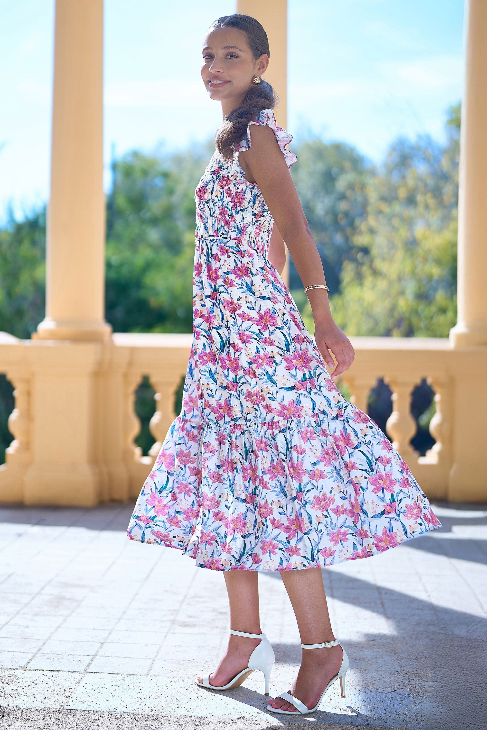 Yumi White Viscose Floral Ruched Waist Midi Dress
