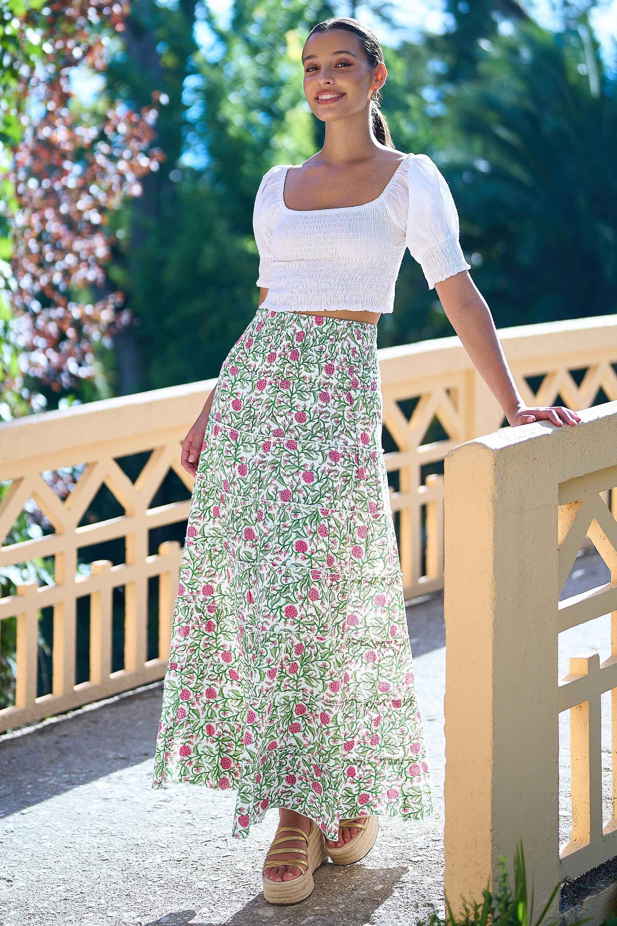 Yumi White Boho Print Cotton Floral Maxi Skirt