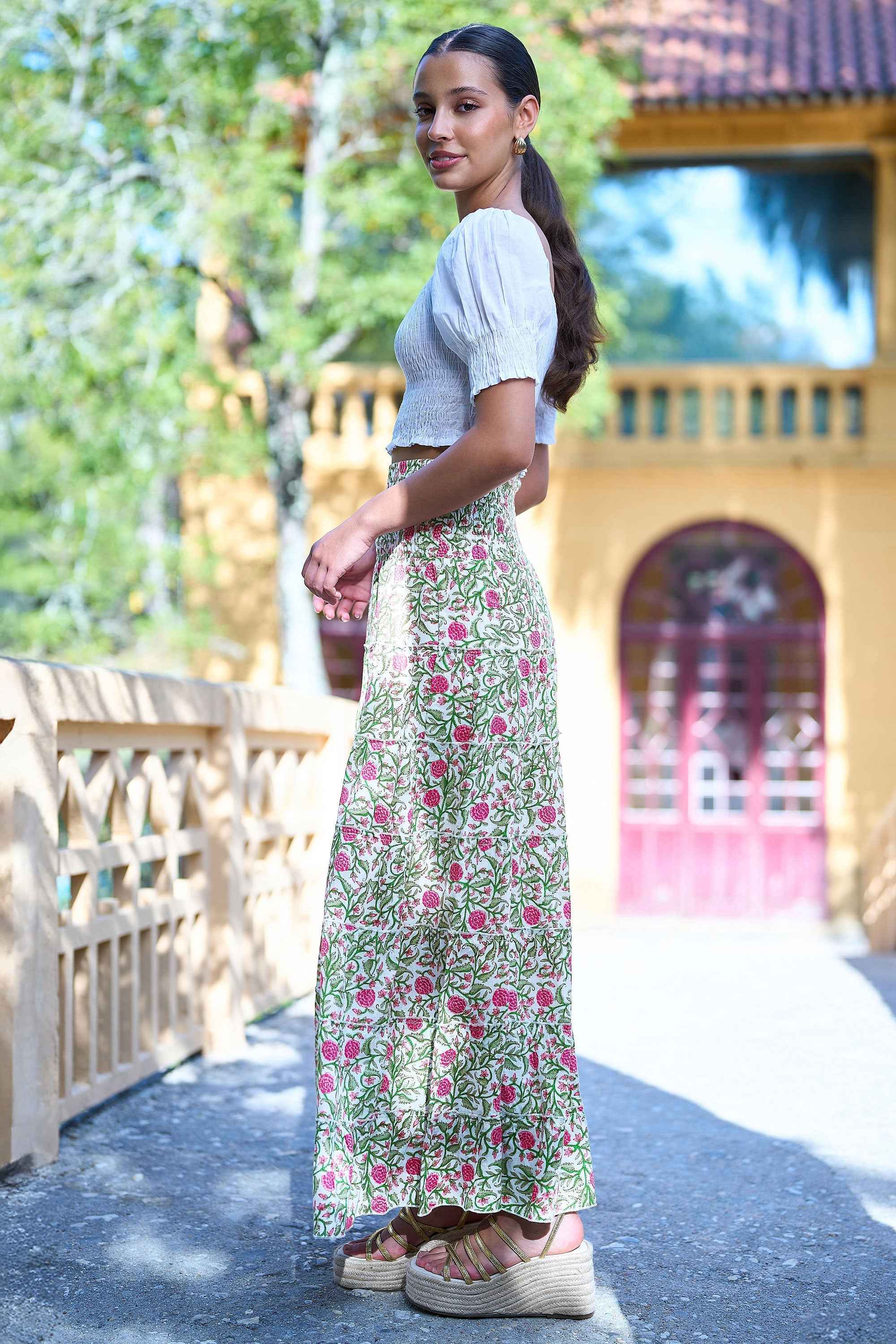 Yumi White Boho Print Cotton Floral Maxi Skirt