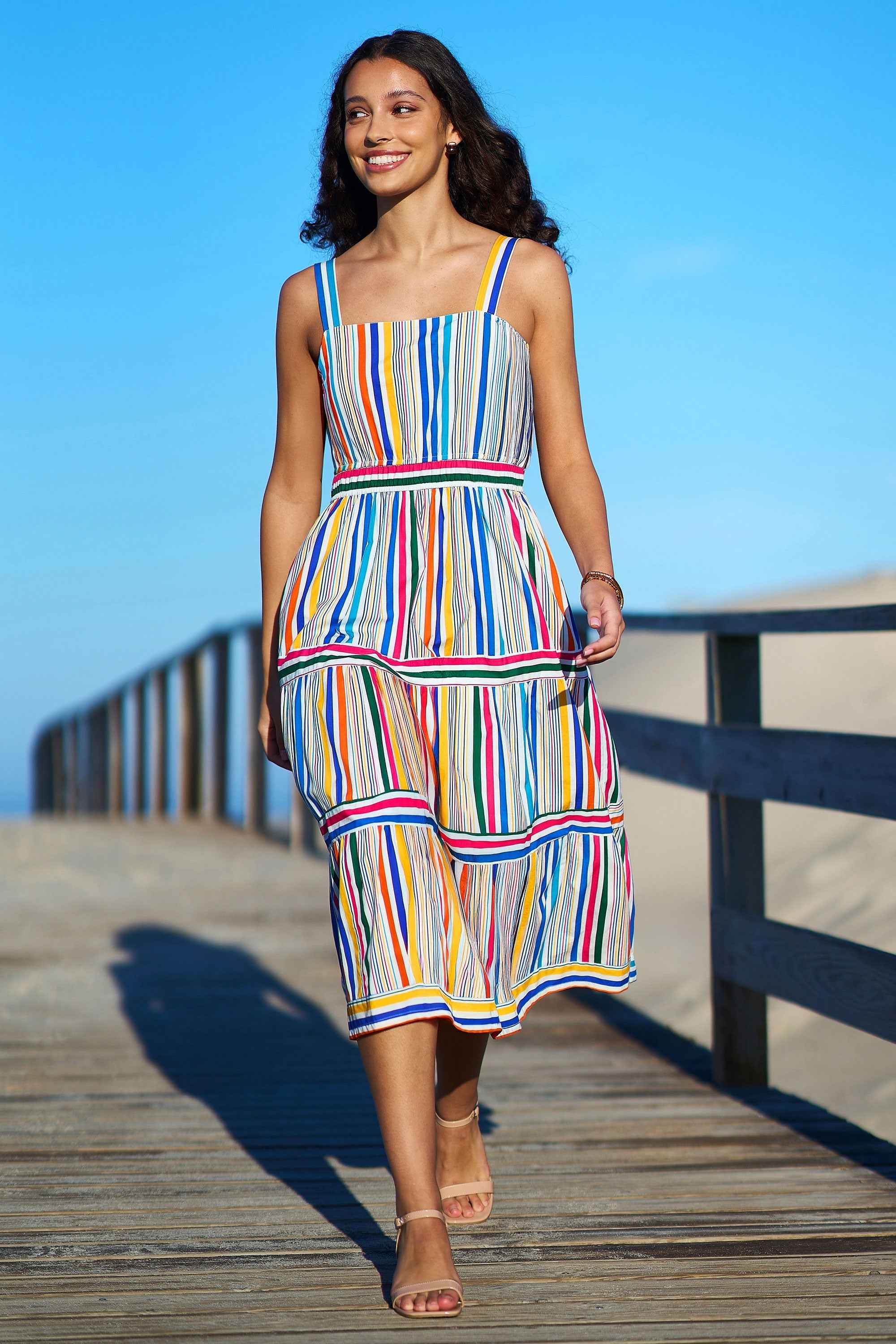 Yumi Multicolour Stripe Cotton Midi Sun Dress