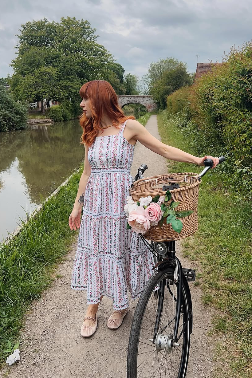 Yumi White Botanical Stripe Midi Dress With Lace Trims