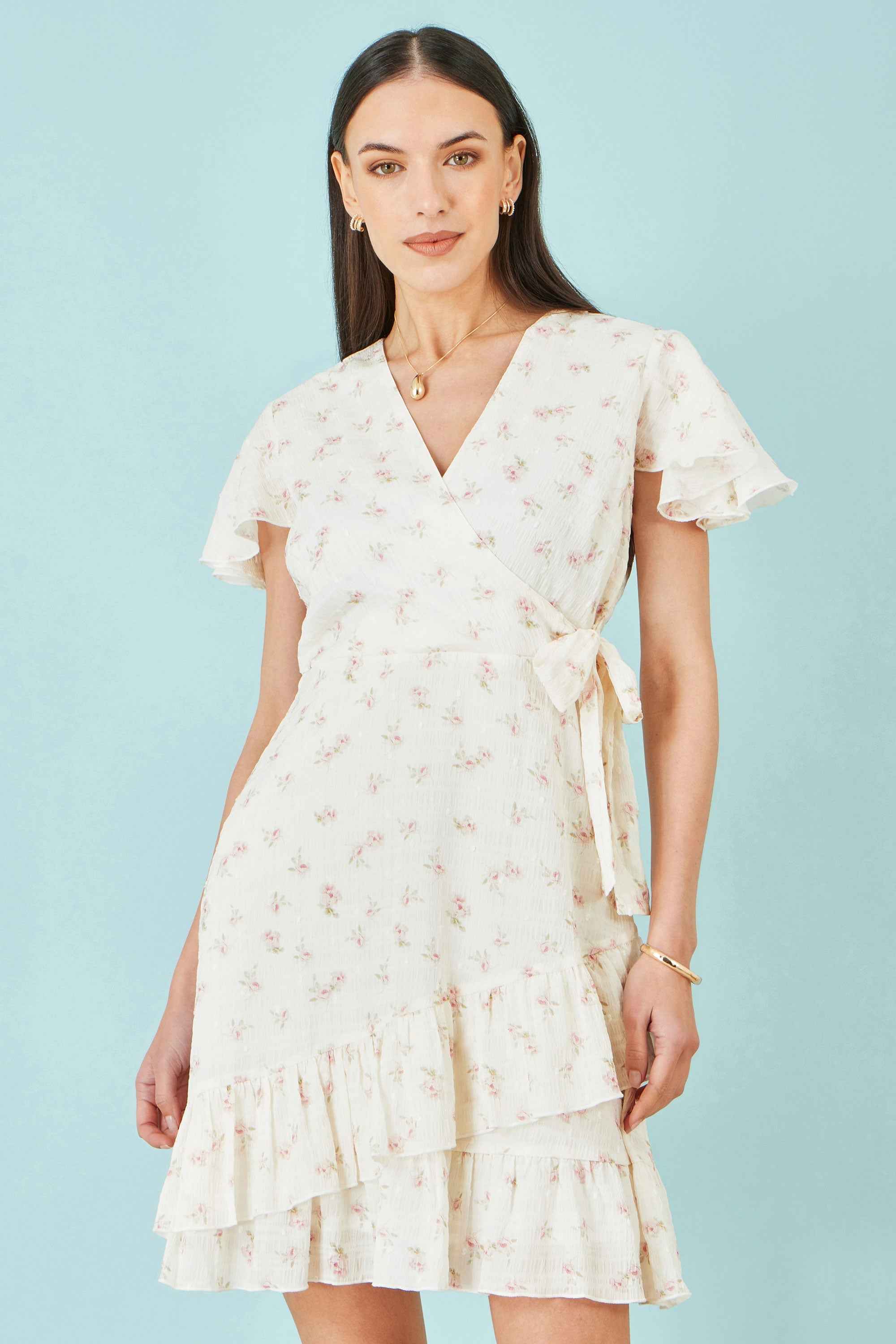 Yumi White Rose Print Wrap Over Frill Dress