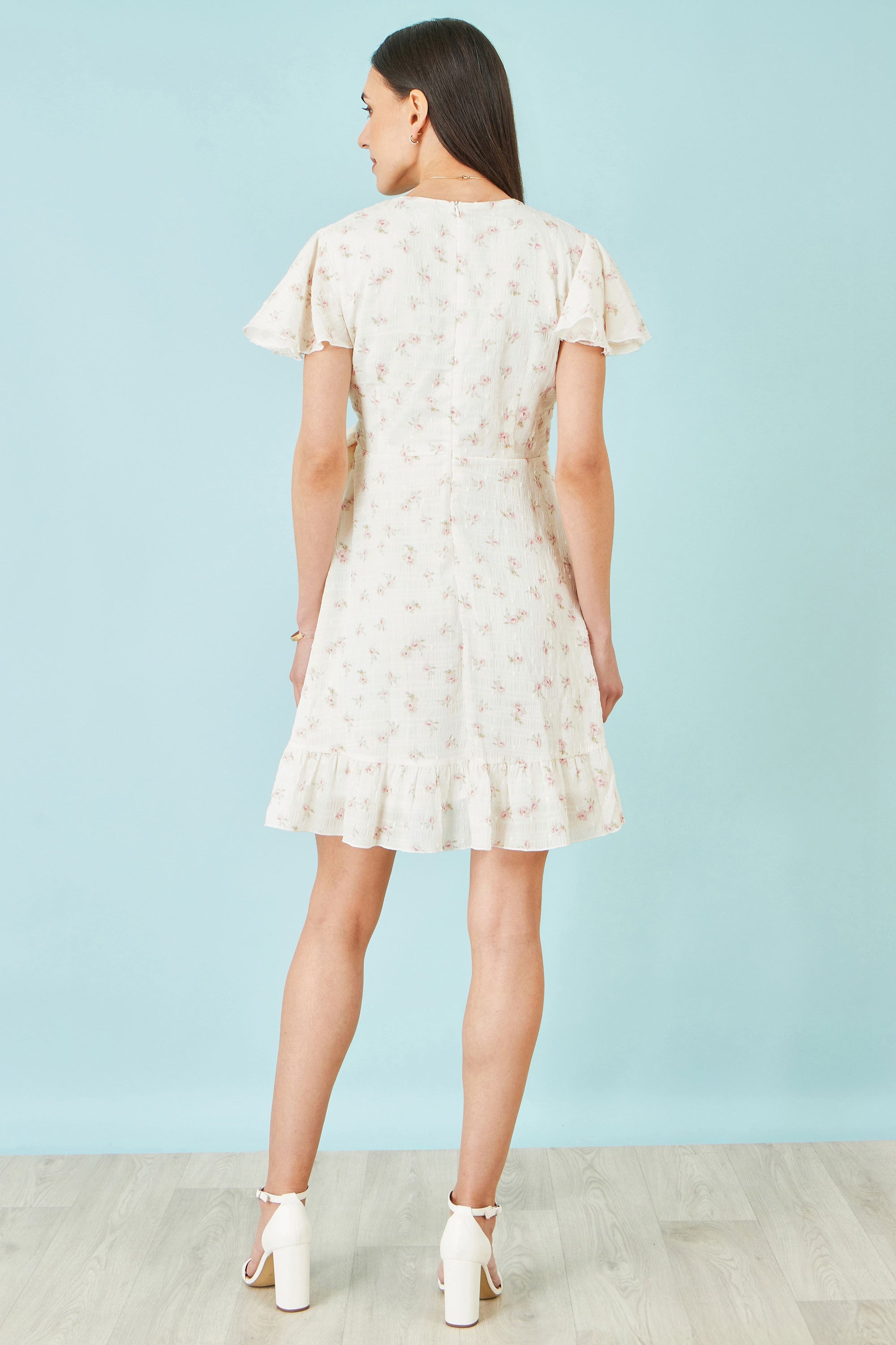 Yumi White Rose Print Wrap Over Frill Dress