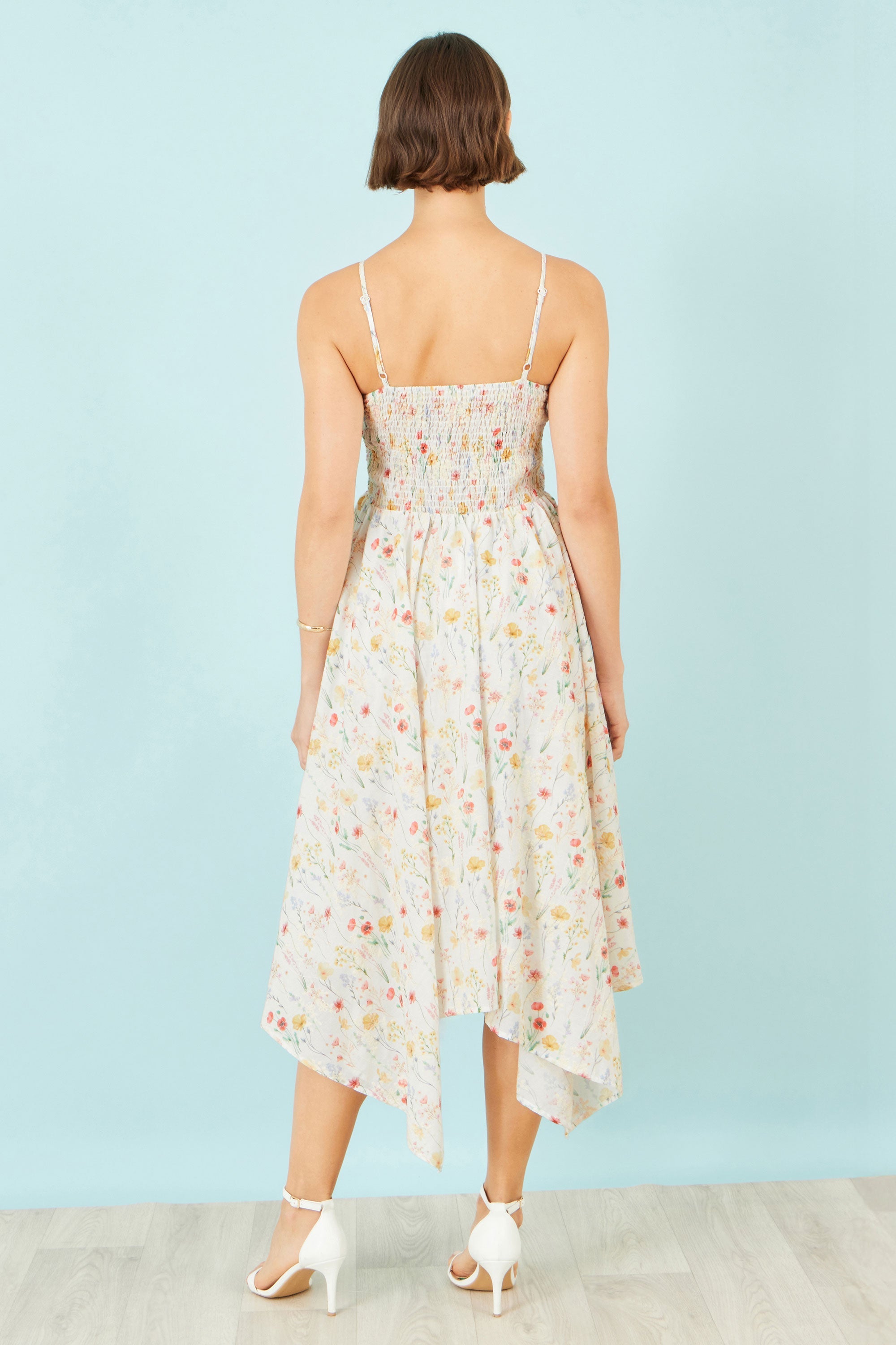 Yumi White Botanical Embroidery Fabric Handkerchief Hem Dress