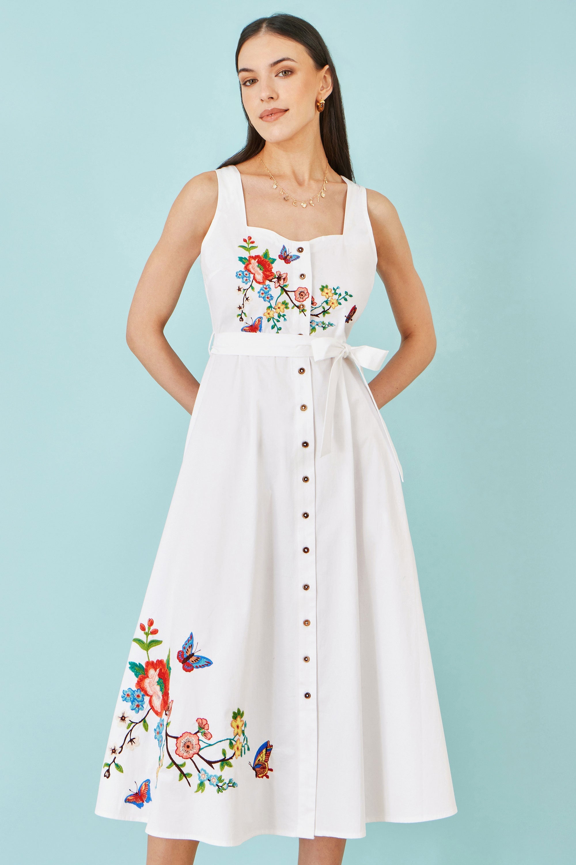 Yumi White Cotton Midi Dress With Embroidery