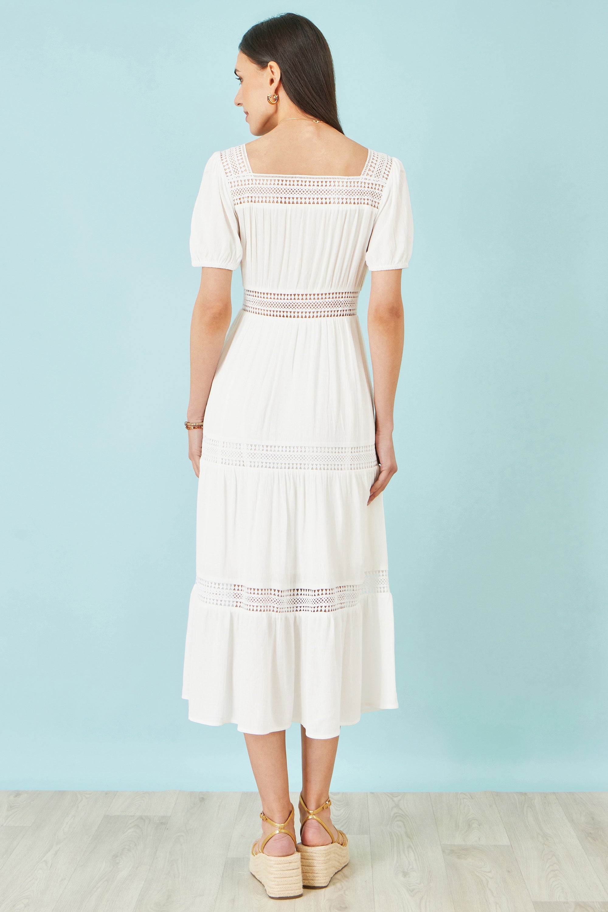 Yumi White Cotton Square Neckline Lace Midi Dress