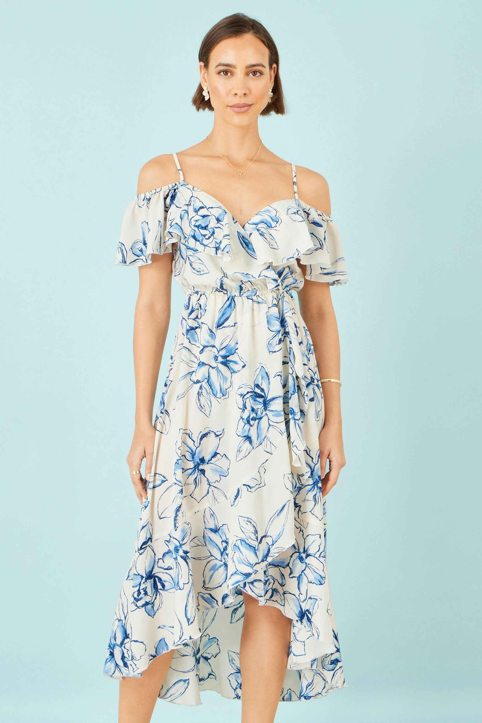Yumi Ivory Floral Print Bardot Midi Dress With Dip Hem